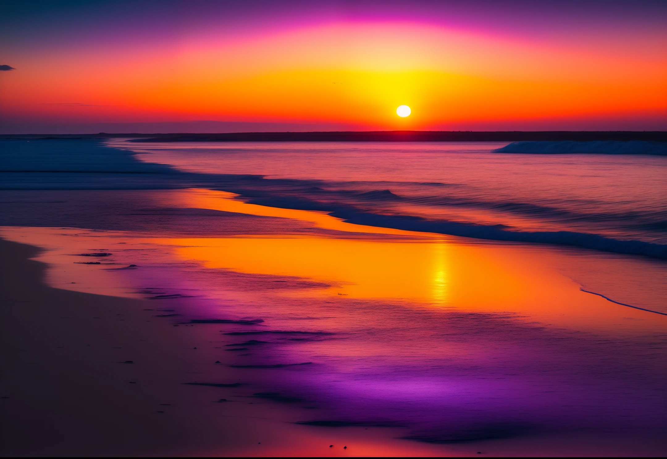 A breathtaking photo of a beach strewn with glass pebbles, illuminated by the warm hues of a mesmerizing sunset. The image should capture the way sunlight is reflected and refracted by the glass pebbles, creating a fascinating variety of colors and light patterns. The sky should be filled with a mix of shades of orange, pink, and purple as the sun sinks below the horizon. The photo should be taken with a Canon EOS 5D Mark IV and a 24-70 mm f/2.8 lens with an aperture of 1:11, an ISO of 100 and a shutter speed of 1/50 s. The lighting should be natural, with the warm tones of the sunset casting a magical light over the entire scene.