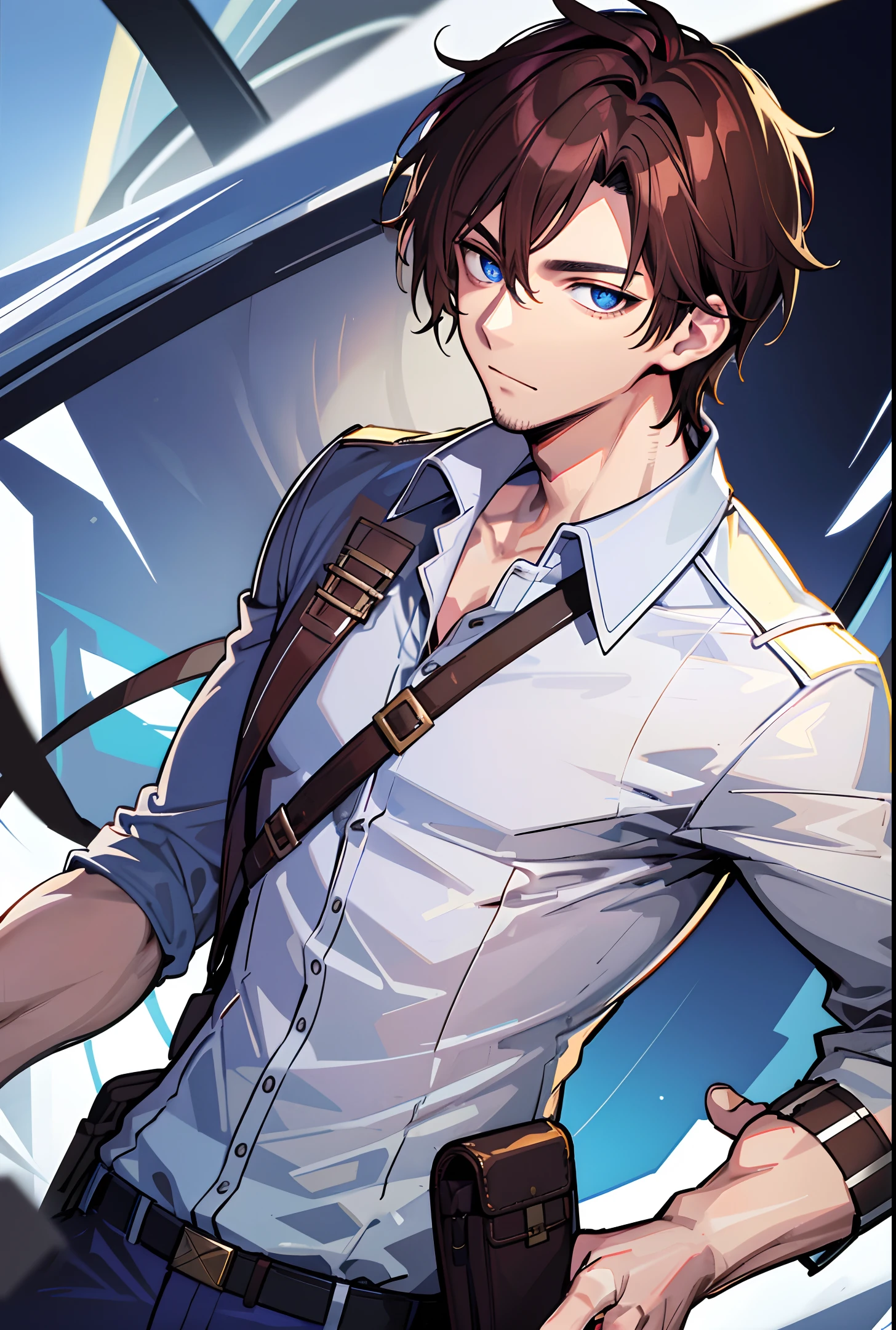 Man, (handsome), (manly physic), (blue eyes), (brown hair), (scar across chin), (off-duty soldier),
