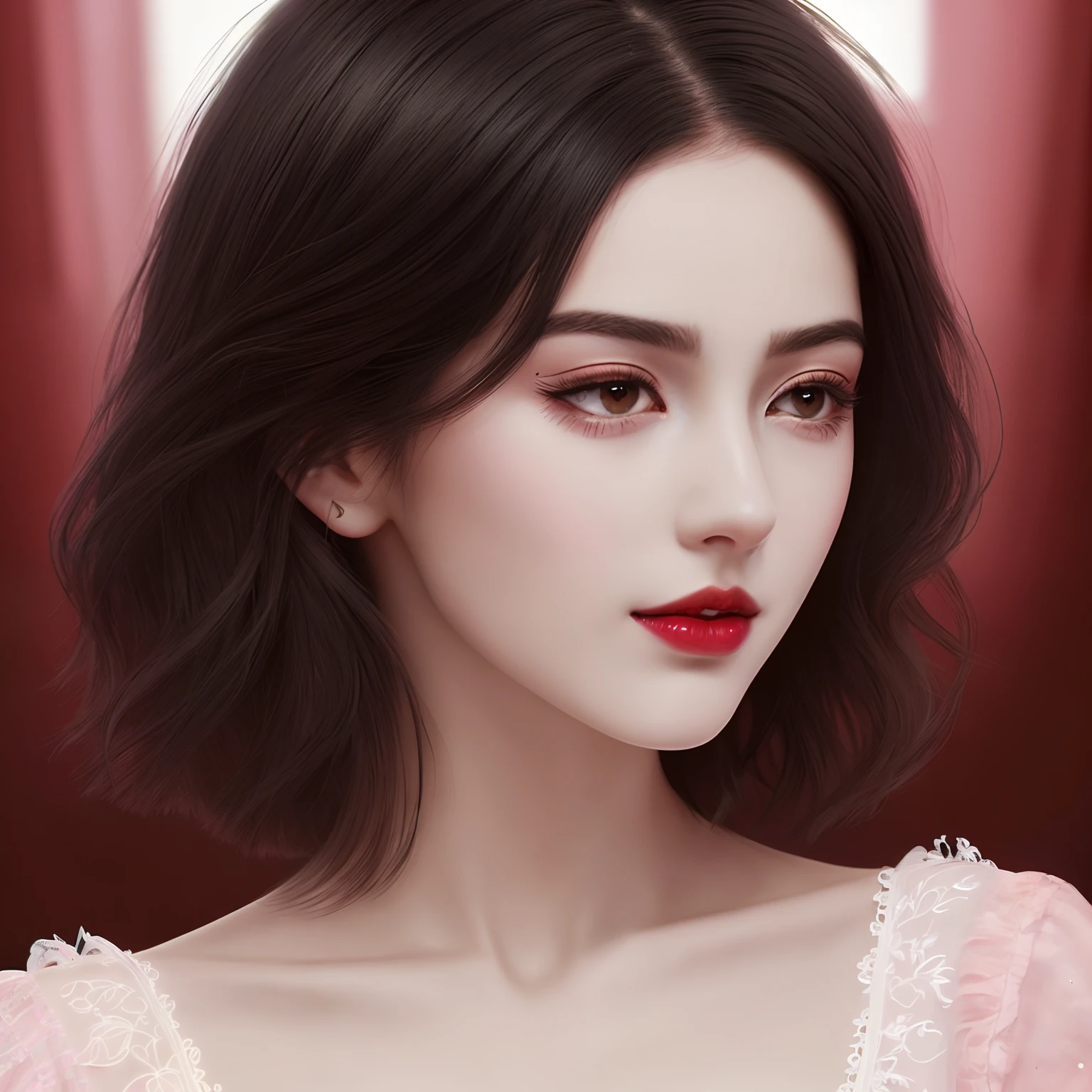 high-quality digital art, short hair, black hair, brown eyes, clear forehead, sideparted hair, red lips, white skin, red nails, picture-perfect face, flawless, clean, masterpiece, (((sharp))) ((focus)) (instagram) (8k) masterpiece, beautiful outfit, delicate tracing, pink accents, digital painting, inside, salon , highly detailed light, cinematic light, high-quality, a digital painting masterpiece, best quality, absurdly high resolution, purring cat, detailed background, mirror, magic, big window, sun, shiny reflection, intricate details, glow, shiny hair, short black hair, lustrous skin, smooth, one girl, full body shot