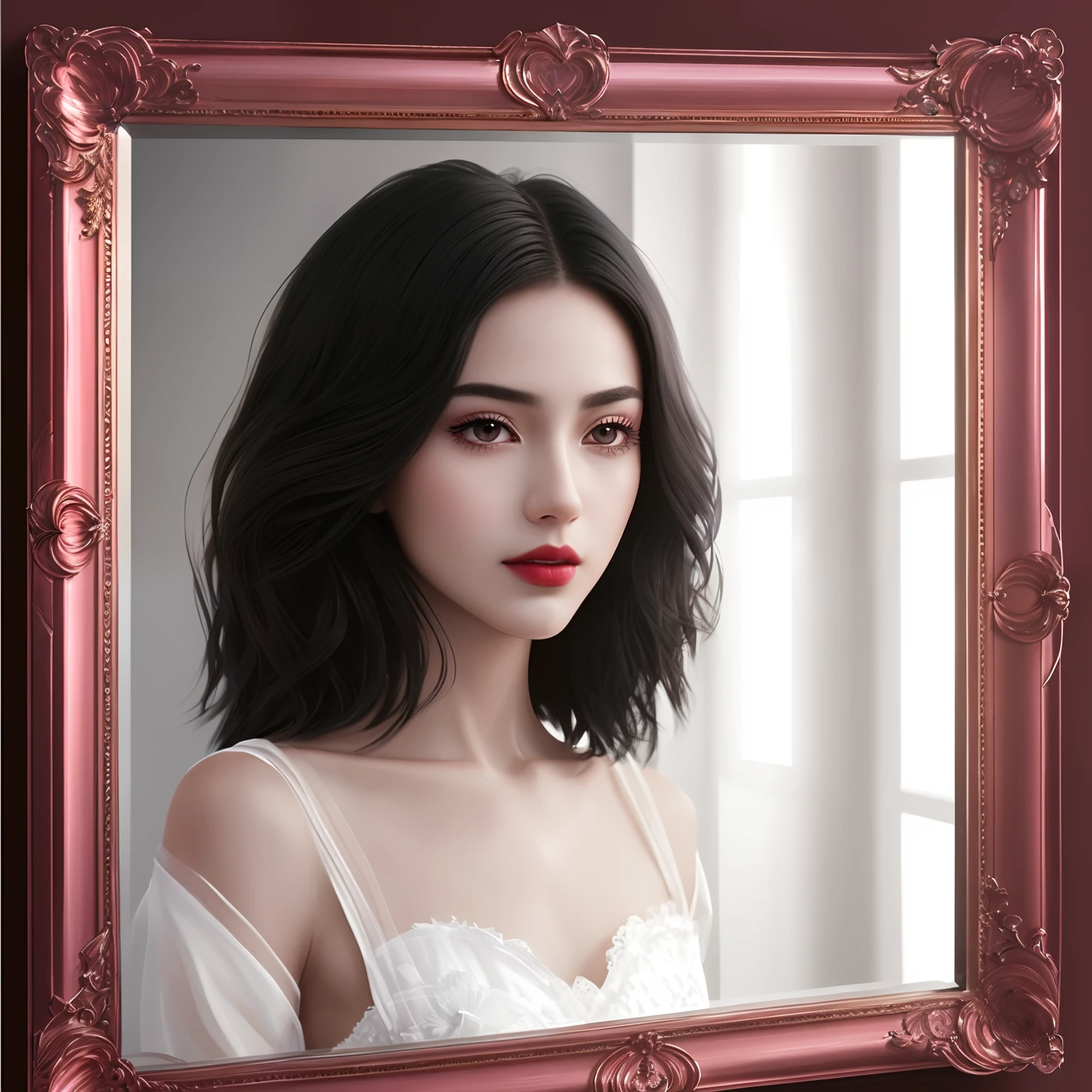 high-quality digital art, short hair, black hair, brown eyes, clear forehead, sideparted hair, red lips, white skin, red nails, picture-perfect face, flawless, clean, masterpiece, (((sharp))) ((focus)) (instagram) (8k) masterpiece, beautiful outfit, delicate tracing, pink accents, digital painting, inside, salon , highly detailed light, cinematic light, high-quality, a digital painting masterpiece, best quality, absurdly high resolution, purring cat, detailed background, mirror, magic, big window, sun, shiny reflection, intricate details, glow, shiny hair, short black hair, lustrous skin, smooth, one girl, full body shot