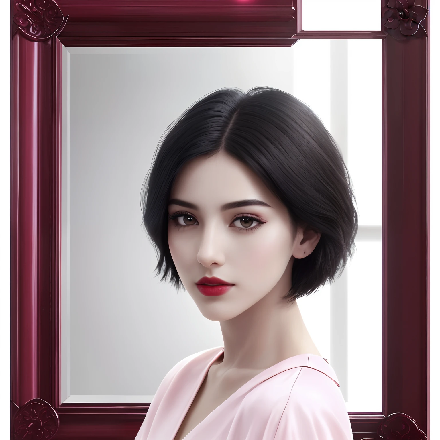 high-quality digital art, short hair, black hair, brown eyes, clear forehead, sideparted hair, red lips, white skin, red nails, picture-perfect face, flawless, clean, masterpiece, (((sharp))) ((focus)) (instagram) (8k) masterpiece, beautiful outfit, delicate tracing, pink accents, digital painting, inside, salon , highly detailed light, cinematic light, high-quality, a digital painting masterpiece, best quality, absurdly high resolution, purring cat, detailed background, mirror, magic, big window, sun, shiny reflection, intricate details, glow, shiny hair, short black hair, lustrous skin, smooth, one girl, full body shot, sharp stare