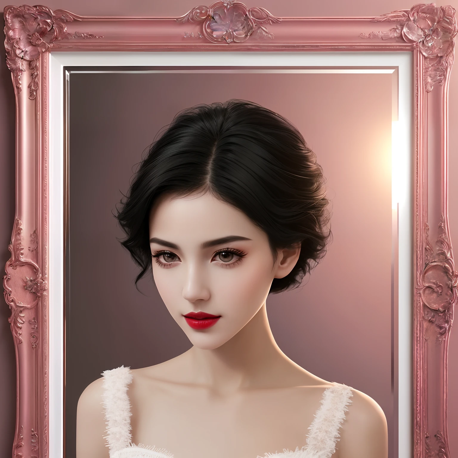 high-quality digital art, short hair, black hair, brown eyes, clear forehead, sideparted hair, red lips, white skin, red nails, picture-perfect face, flawless, clean, masterpiece, (((sharp))) ((focus)) (instagram) (8k) masterpiece, beautiful outfit, delicate tracing, pink accents, digital painting, inside, salon , highly detailed light, cinematic light, high-quality, a digital painting masterpiece, best quality, absurdly high resolution, purring cat, detailed background, mirror, magic, big window, sun, shiny reflection, intricate details, glow, shiny hair, short black hair, lustrous skin, smooth, one girl, full body shot, sharp stare