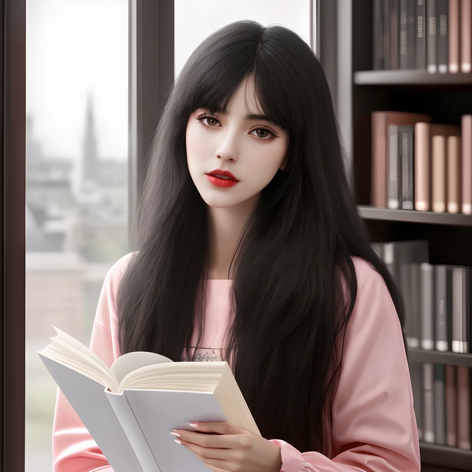 high-quality digital art, wavy long hair, black hair, bangs, straight bangs, brown eyes, red lips, white skin, red nails, picture-perfect face, flawless, clean, masterpiece, (((sharp))) ((focus)) (instagram) (8k) masterpiece, beautiful outfit, delicate tracing, pink accents, digital painting, inside, library, highly detailed light, cinematic light, high-quality, a digital painting masterpiece, best quality, absurdly high resolution, purring cat, detailed background, reading a book, magic book, big window, moon, shiny reflection, intricate details, glow, shiny hair, long black hair, lustrous skin, smooth, one girl