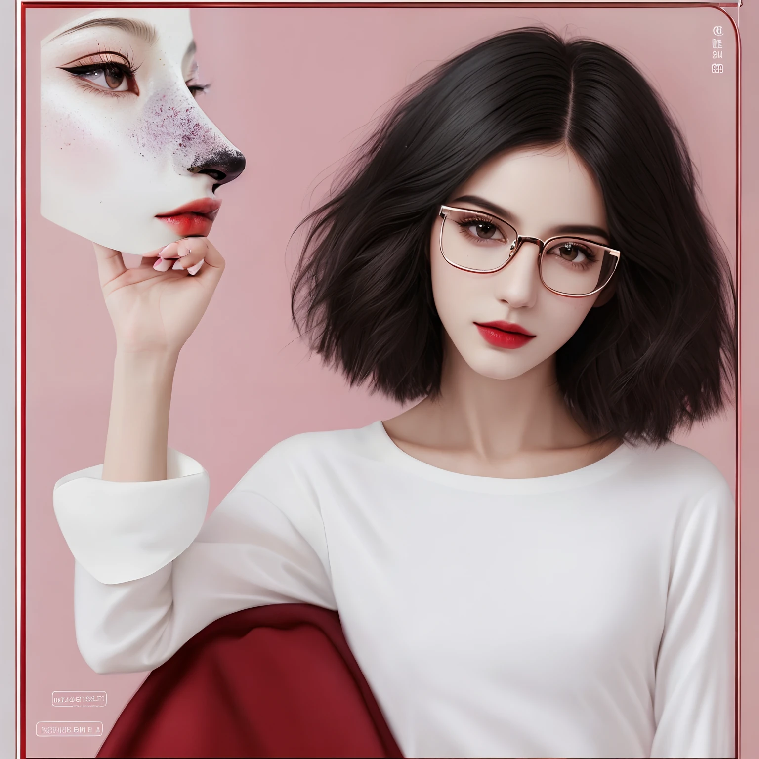  high-quality digital art, short hair, black hair, brown eyes, clear forehead, sideparted hair, red lips, white skin, red nails, picture-perfect face, flawless, clean, masterpiece, (((sharp))) ((focus)) (instagram) (8k) masterpiece, beautiful outfit, delicate tracing, pink accents, digital painting, inside, salon , highly detailed light, cinematic light, high-quality, a digital painting masterpiece, best quality, absurdly high resolution, purring cat, detailed background, mirror, magic, big window, sun, shiny reflection, intricate details, glow, shiny hair, short black hair, bob cut, lustrous skin, smooth, one girl, full body shot, sharp stare, square glasses with red arms