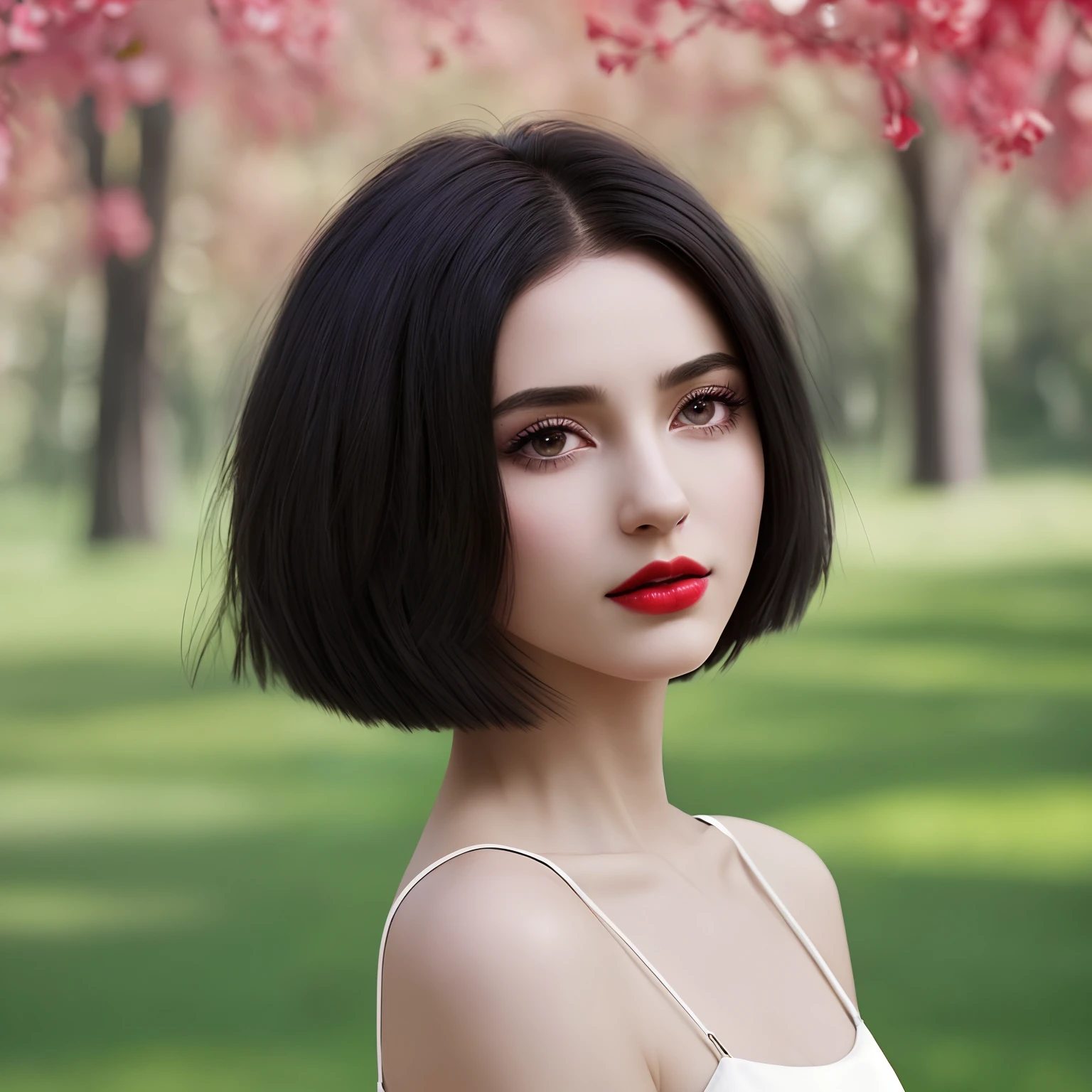  high-quality digital art, short hair, black hair, black eyes, clear forehead, side-parted hair, red lips, dark red lips, wine colored lips, olive skin, red nails, picture-perfect face, flawless, clean, masterpiece, (((sharp))) ((focus)) (instagram) (8k) masterpiece, beautiful outfit, delicate tracing, pink accents, digital painting, outside, park, highly detailed light, cinematic light, high-quality, a digital painting masterpiece, best quality, absurdly high resolution, small dog, Yorkshire terrier, detailed background, trees, clear sky, birds, sun, shiny reflection, intricate details, glow, shiny hair, short black hair, bob cut, side-parted bob cut, asymmetric bob, lustrous skin, smooth, sharp nose, mean stare, one girl, full body shot, sharp stare, square glasses  