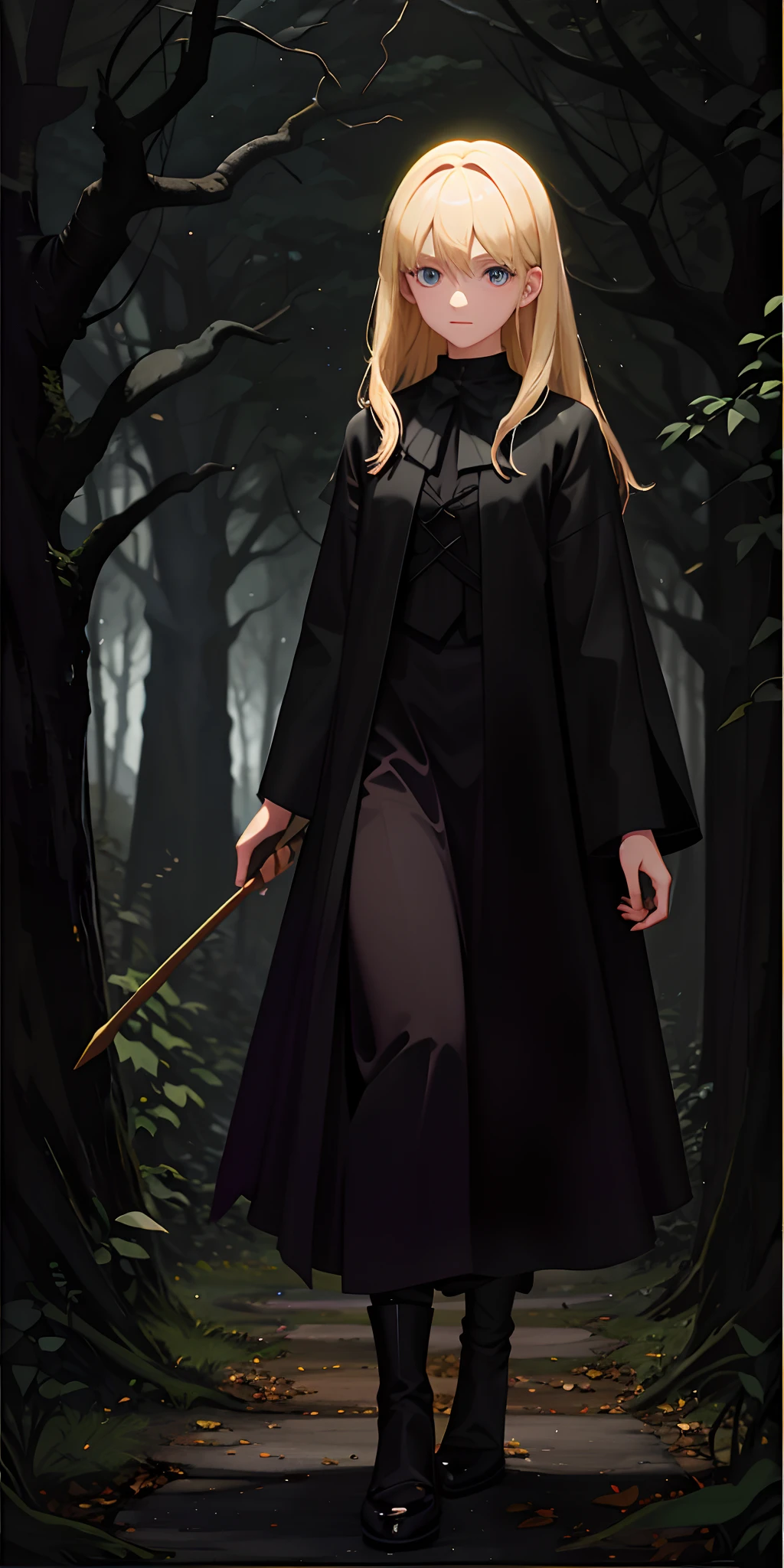 a young blond witch walking in a dark gloomy forest acrylic style