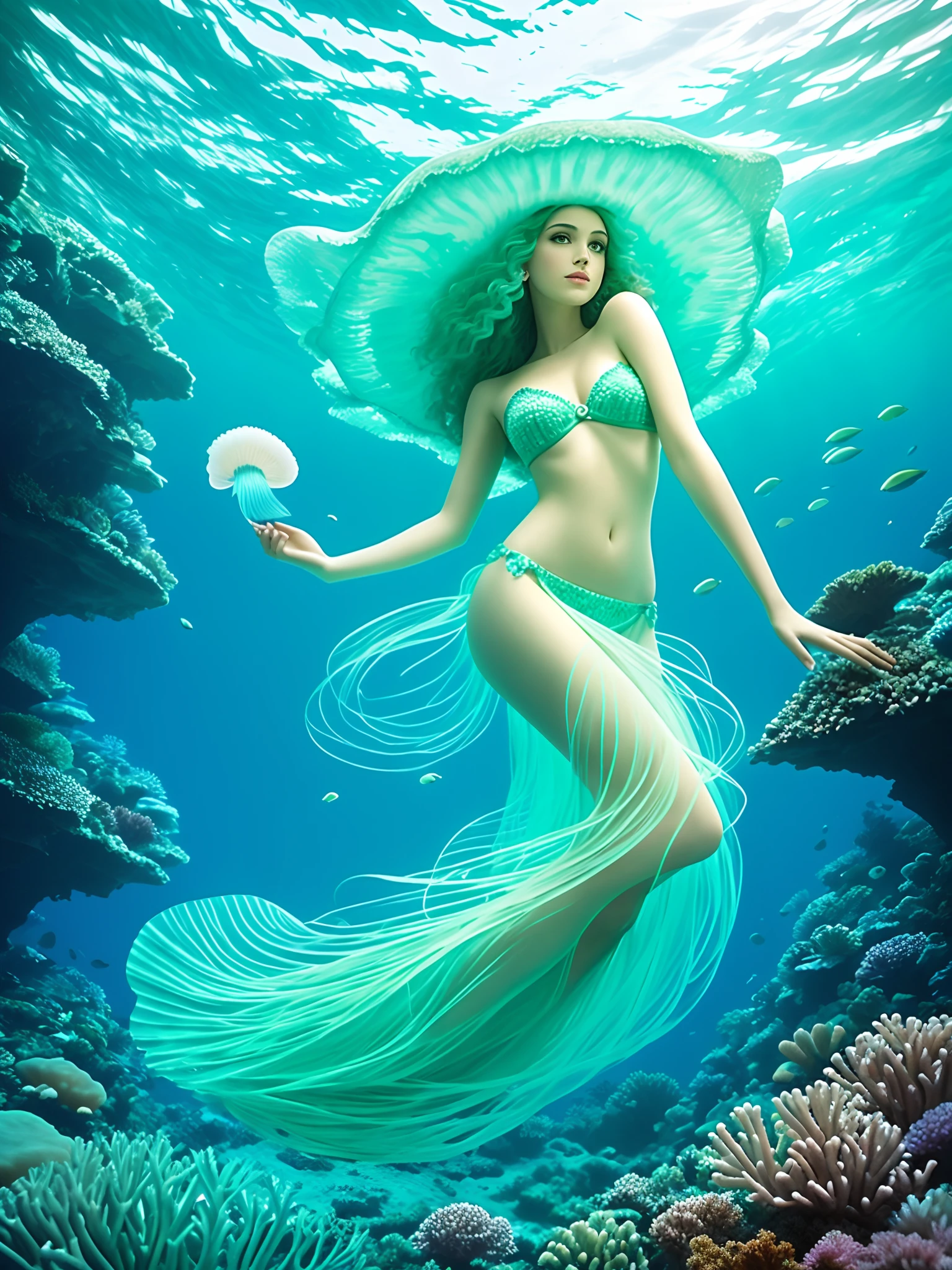deep under the water of the coral reef there is a jellyfish that looks like a beautiful woman, the body is more emerald in color, the structure is half a mermaid, but the tail looks like a sea jellyfish, she looks at me from above, I look at her from below, a pearl in my hands, it's dusk all around