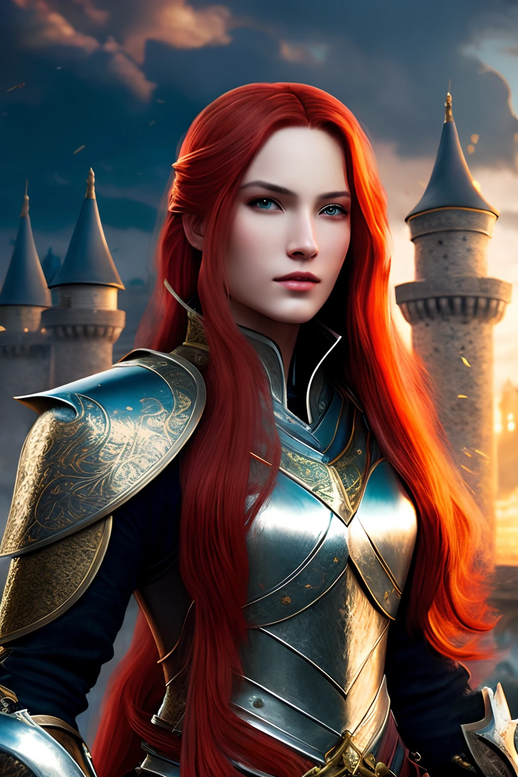 Master work, elegant knight, long sword, armor, amazing detail, facial detail, heroic action, long red hair, bright light, castle background