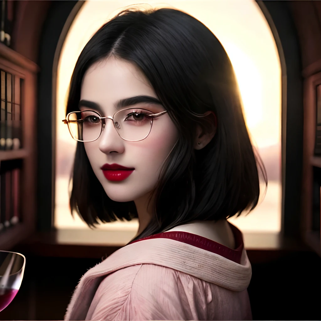 high-quality digital art, clear forehead, side-parted short hair, brown eyes, smoky make-up, red lips, white skin, red nails, picture-perfect face, flawless, clean, masterpiece, (((sharp))) ((focus)) (instagram) (8k) masterpiece, beautiful outfit, delicate tracing, pink accents, digital painting, inside, fireplace, highly detailed light, cinematic light, high-quality, a digital painting masterpiece, best quality, absurdly high resolution, sipping wine, wine glass, cozy, library, sleeping dog, detailed background, big window, moon, shiny reflection, intricate details, glow, shiny hair, black hair, lustrous skin, square glasses, smooth, asymmetric bob cut, smirk, one girl