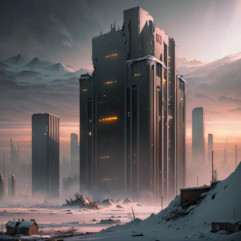 end of the world, epic realistic, (hdr:1.4), (muted colors:1.4), apocalypse, freezing, abandoned, neutral colors, night, screen space refractions, (intricate details), (intricate details, hyperdetailed:1.2), artstation, cinematic shot, vignette, complex background, buildings, snowy