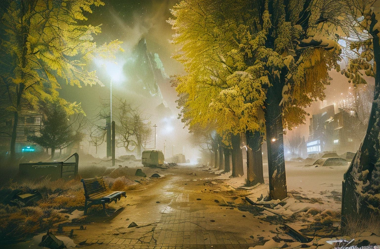 end of the world, epic realistic, (hdr:1.4), (muted colors:1.4), apocalypse, freezing, abandoned, neutral colors, night, screen space refractions, (intricate details), (intricate details, hyperdetailed:1.2), artstation, cinematic shot, vignette, complex background, buildings, snowy