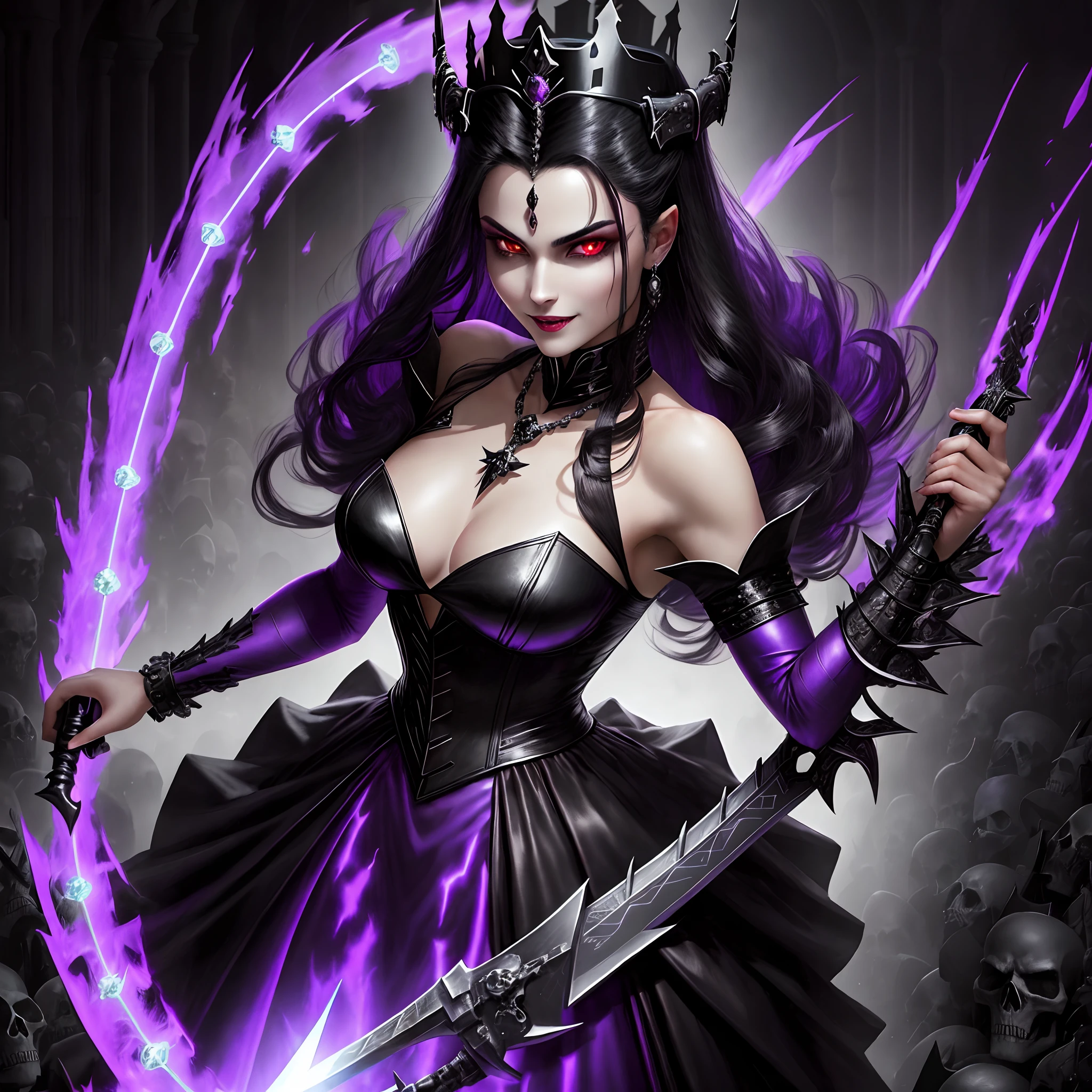 stunning vampire woman age of 30 years, standing near her throne, glowing purple eyes, black  hair, crown on the head, she has glass with skulls in one hand and sword in the other hand. From her look alone enemies starting to panic. She is dressed in the leather. She is smiling, you could see her fangs