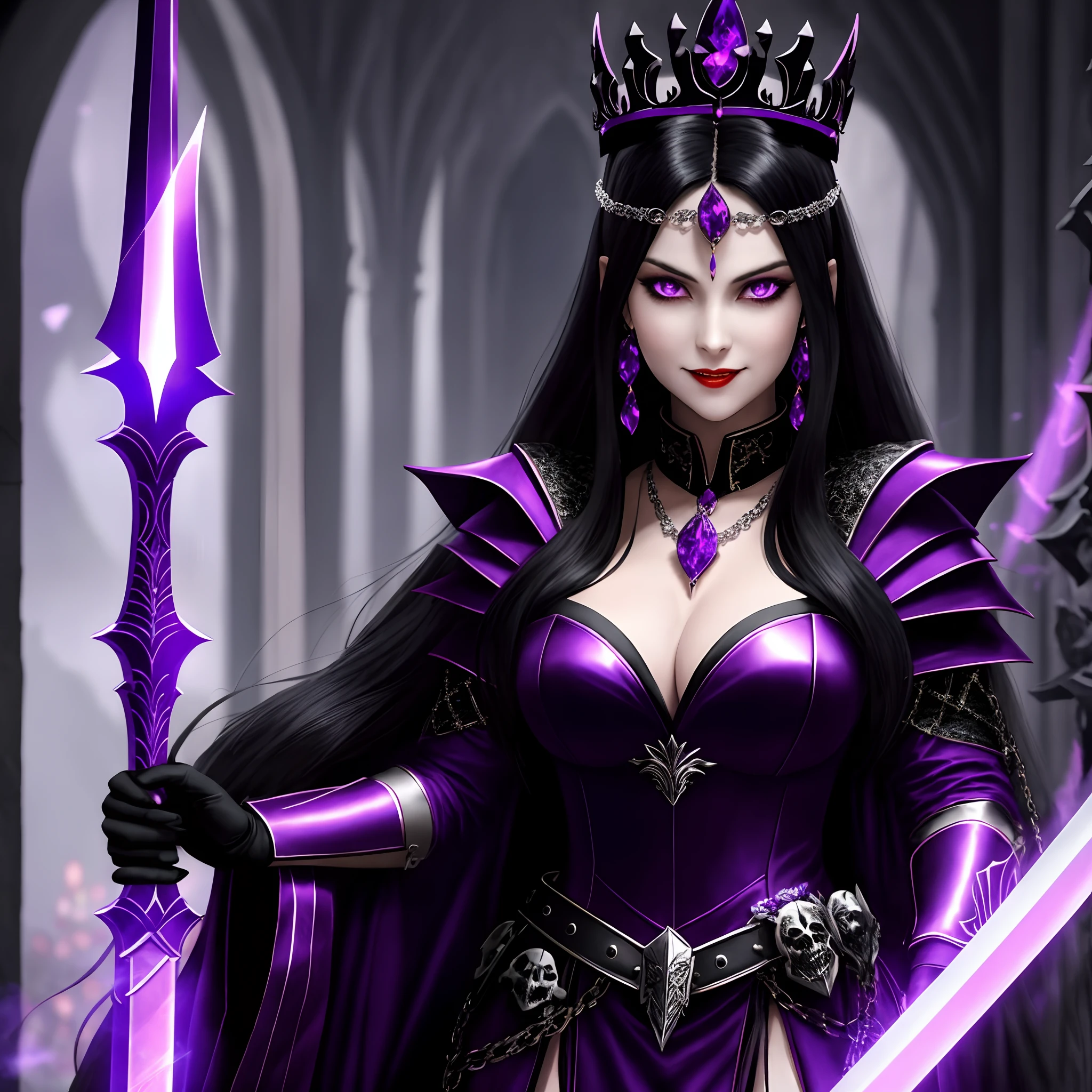 stunning vampire woman age of 30 years, standing near her throne, glowing purple eyes, black hair, crown on the head, she has glass with skulls in one hand and sword in the other hand. From her look alone enemies starting to panic. She is dressed in the leather. She is smiling, you could see her fangs. Realistic, 8k