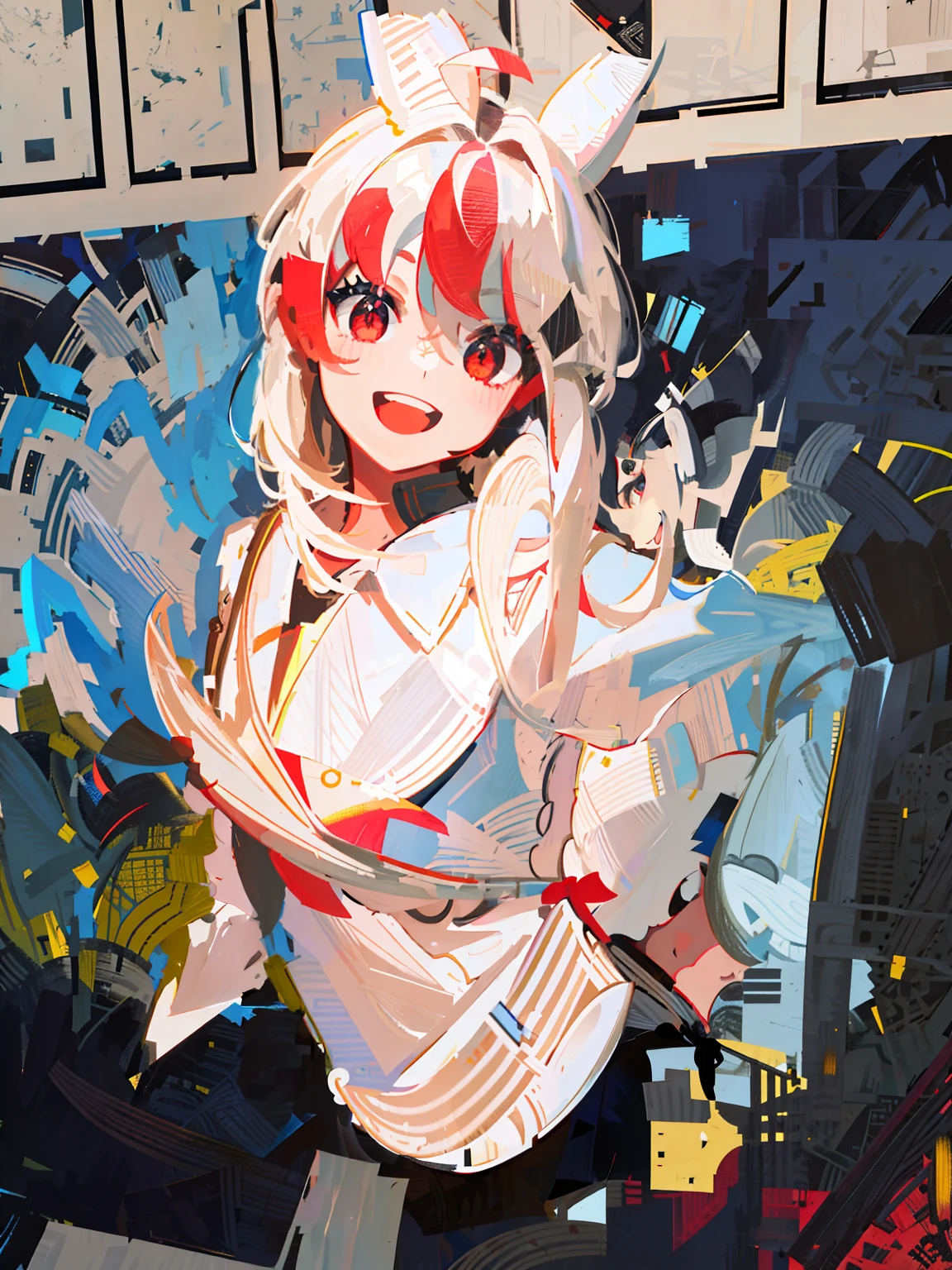 detail, best quality, work, illustration, wallpaper, 1girl, solo, white bow upper body, :d, smile, eyeliner, long hair, black hair, (ahoge: 1.2), bangs, hair between eyes, gray inner hair,
red eyes, viewing viewer, black sailor collar, black serafuku, long sleeves, dimly lit
