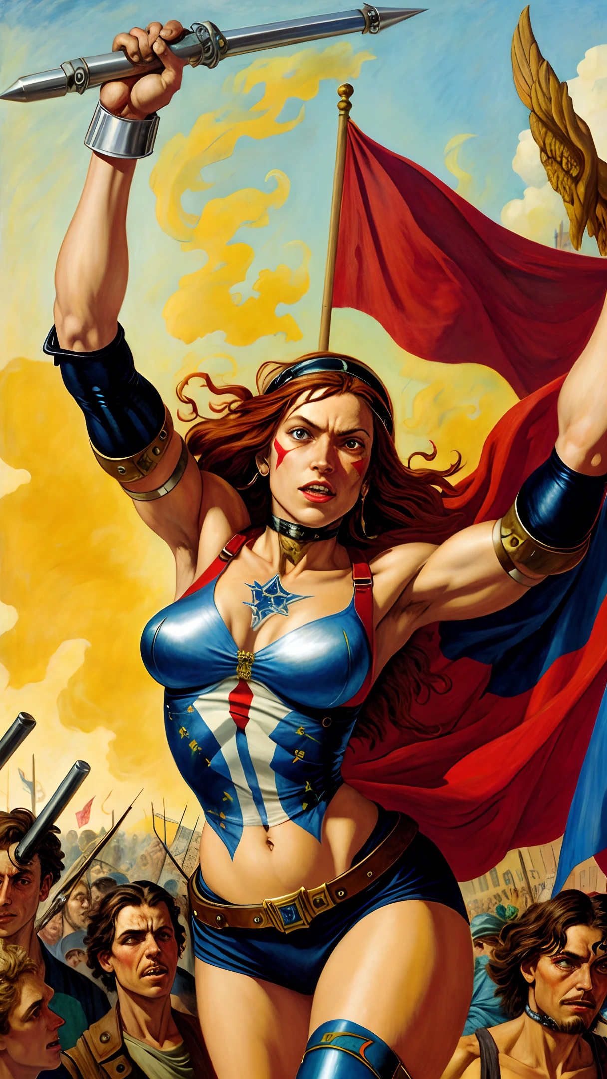 cyborg woman, carrying an anarchist banner, leading a riot, liberty, style of delacroix