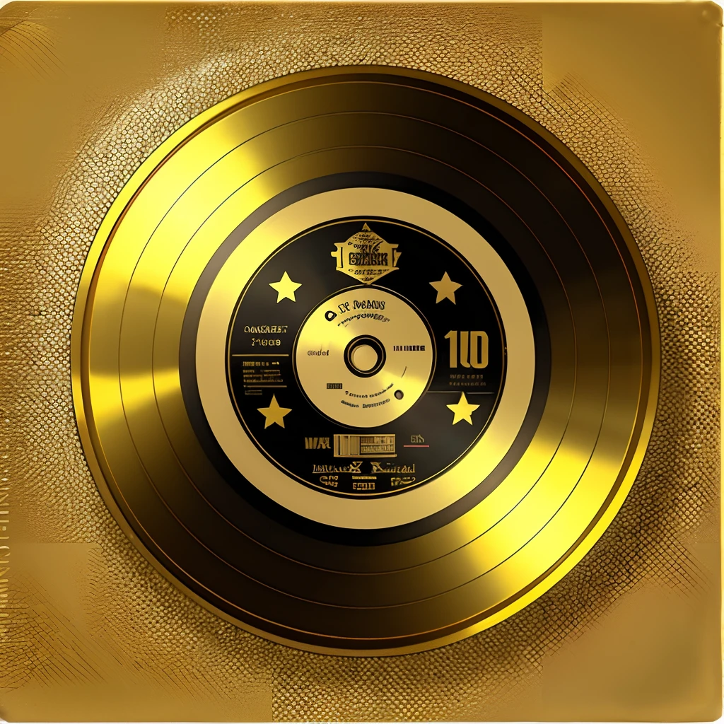 pixel style, gold background, worn and old paper cover. In the foreground is an image of a retro vinyl disc. The font is made in large decorated letters with a border of small bulbs. Add a few additional elements like gold stars, highlights, high detail, symmetry
