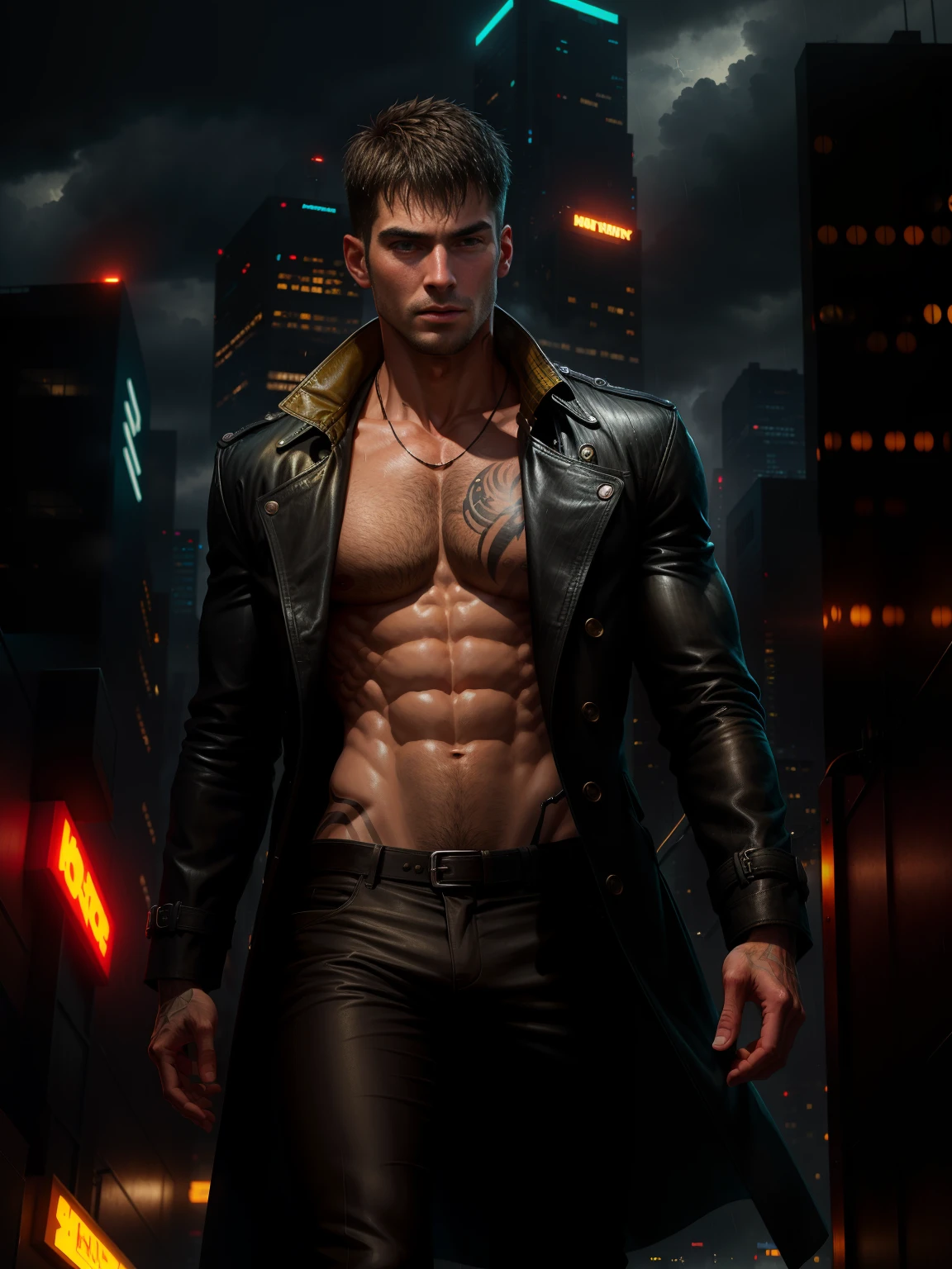 masterpiece, best quality, highres, realistic, weary handsome facial features, trench coat, rainy wet weather, soaking wet skin, raindrops, thunder storm, blade runner, dystopia, science fiction, biomechanical details, bright neon lights, dark looming buildings,barechest, big pecs, pale skin, pulled down skin-tight pants,short black hair,((young)),No beard,Tattoo on the chest