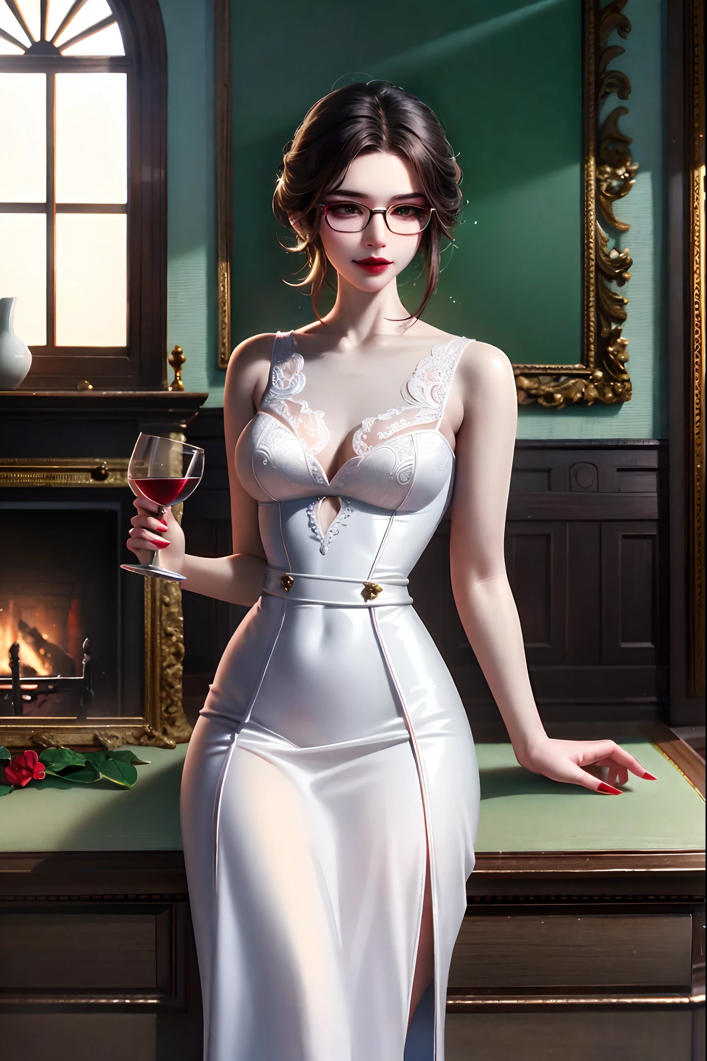 high-quality digital art, lace trim, clear forehead, short hair, side-parted hair, brown eyes, arrogant air, red lips, olive skin, red nails, picture-perfect face, flawless, clean, masterpiece, (((sharp))) ((focus)) (instagram) (8k) masterpiece, beautiful outfit, delicate tracing, pink accents, digital painting, inside, fireplace, highly detailed light, cinematic light, high-quality, a digital painting masterpiece, best quality, absurdly high resolution, sipping wine, wine glass, library, sleeping dog, detailed background, big window, moon, shiny reflection, intricate details, glow, shiny hair, black hair, straight hair, lustrous skin, square glasses, smooth, smirk, shapely figure, one girl