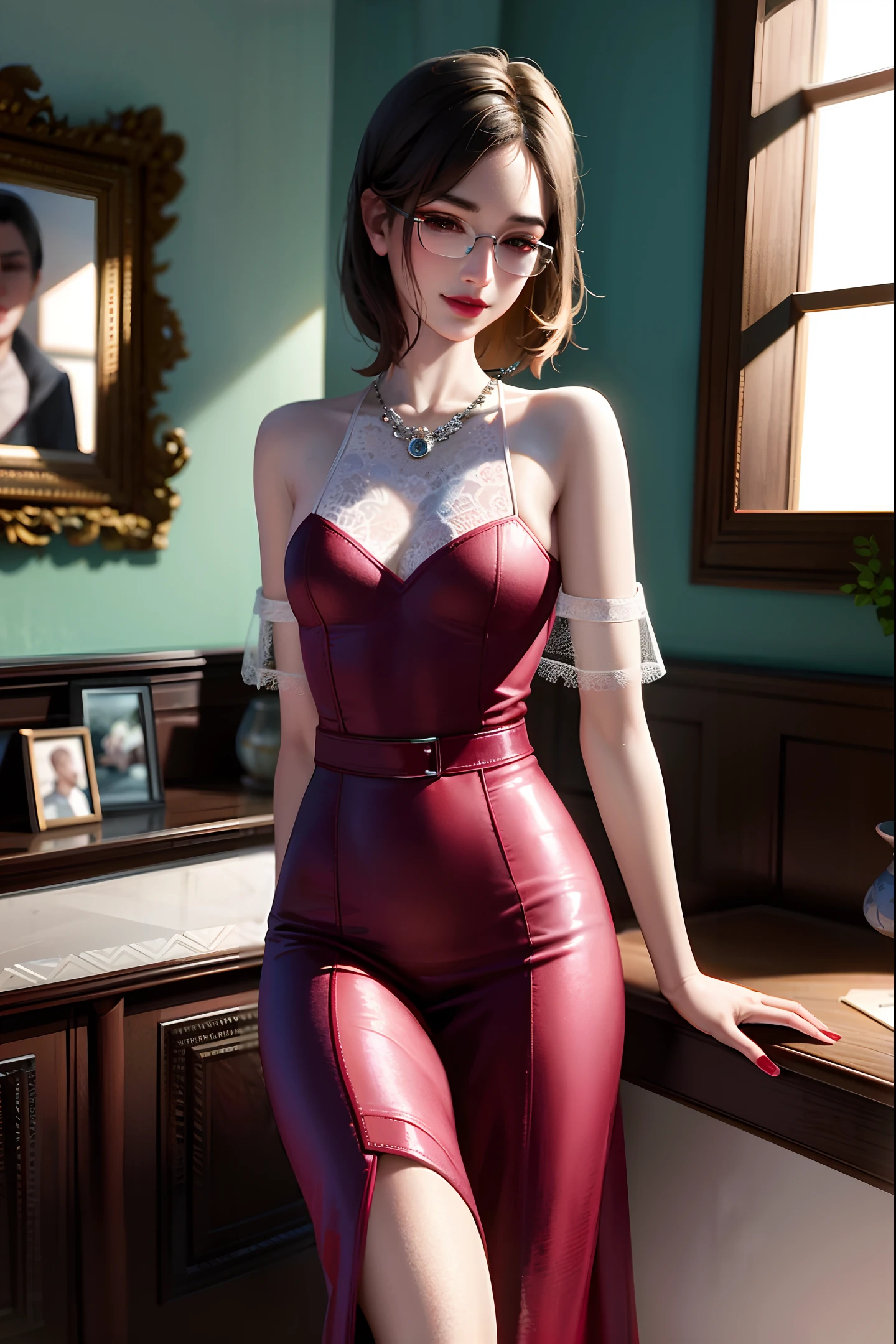 high-quality digital art, lace trim, clear forehead, short hair, side-parted hair, brown eyes, arrogant air, red lips, olive skin, red nails, picture-perfect face, flawless, clean, masterpiece, (((sharp))) ((focus)) (instagram) (8k) masterpiece, beautiful outfit, delicate tracing, pink accents, digital painting, inside, fireplace, highly detailed light, cinematic light, high-quality, a digital painting masterpiece, best quality, absurdly high resolution, sipping wine, wine glass, library, sleeping dog, detailed background, big window, moon, shiny reflection, intricate details, glow, shiny hair, black hair, straight hair, lustrous skin, square glasses, smooth, smirk, one girl