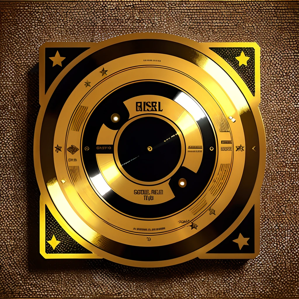 pixel style, gold background, worn and old paper cover. In the foreground is an image of a retro vinyl disc. The font is made in large decorated letters with a border of small bulbs. Add a few additional elements like gold stars, highlights, high detail, symmetry