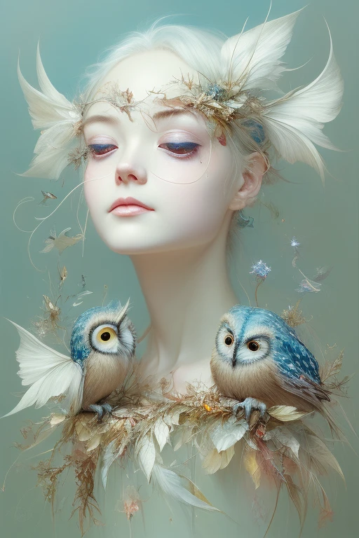Cute and adorable fantasy owl, Bird-of-Paradise, sparrow, full body, shiny metallic jeweled depth, glowing smoke neon eyes, hoarfrost metal lace, fantasy, sunlight, sunbeam, intricate detail. 8k, dreamlike, surrealism, super cute, symmetrical, soft lighting, trending on artstation, intricate details, highly detailed, unreal engine, by ross tran, wlop, artgerm and james jean, Brian Froud, art illustration by Miho Hirano, Neimy Kanani, oil on canvas by Aykut Aydoğdu, oil painting, heavy strokes, paint dripping, realistic photo