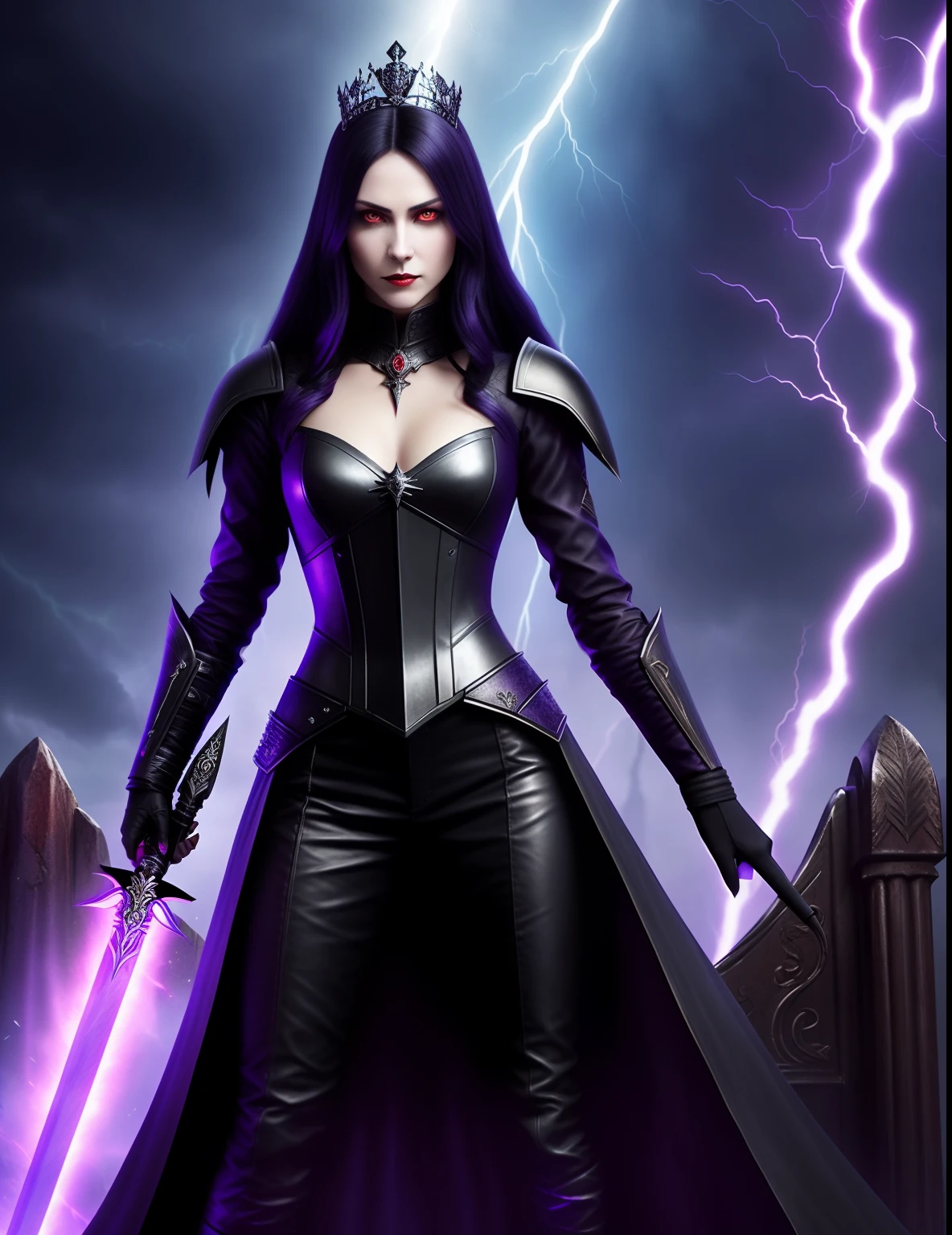 One person on the picture, stunning vampire woman, devilish smile, age of 30 years, standing near her throne, purple glowing eyes, black hair, crown on the head, she has sword in the hand. From her look alone enemies starting to panic. She is dressed in the leather. Realistic, highly detailed, super high quality, masterpiece, dramatic lightning