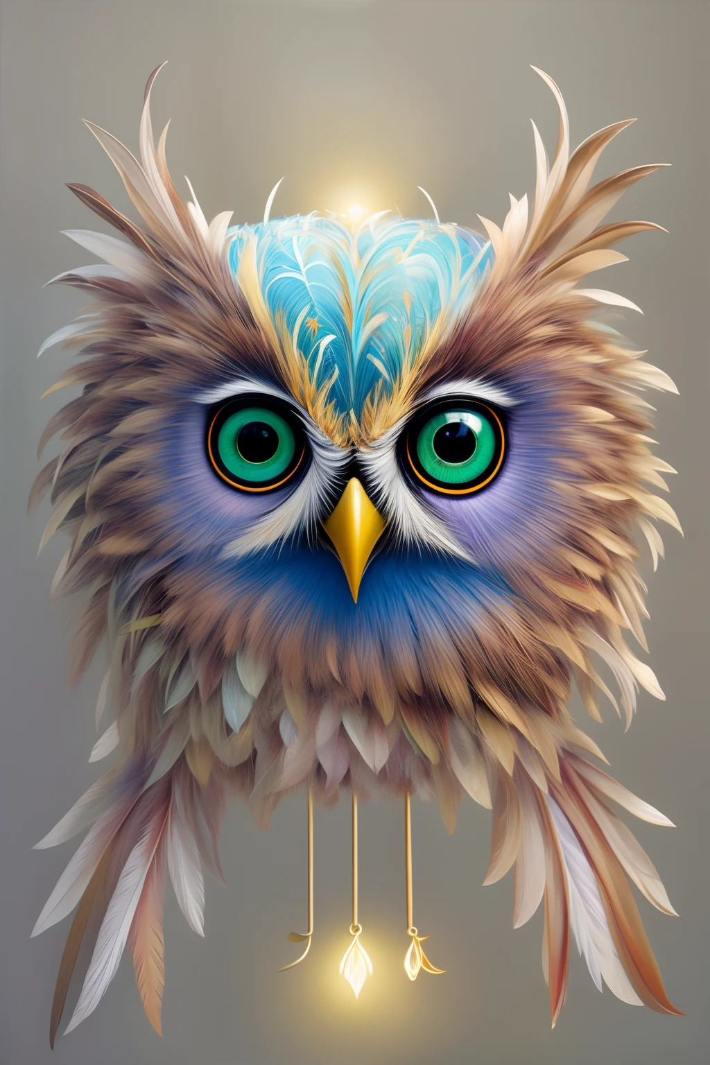Cute and adorable fantasy owl, bird of paradise, sparrow, full body, shiny metallic depth, neon eyes with glowing smoke, metallic lace, fantasy, sunlight, intricate details, unreal engine by Ross Tran, wolf, artgerm and James Gene Brian Frod, art illustration by Miho Hirano, Naimi Kanani, canvas, oil on canvas Aikuta Aydogdu, oil painting, heavy brushstrokes, drid paint, realistic photography