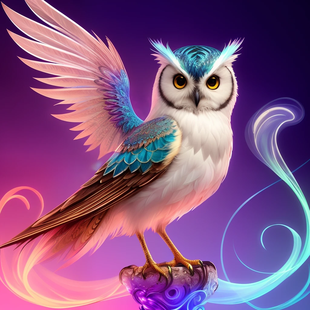Cute and adorable fantasy owl, bird of paradise, full body, shiny metallic depth, neon eyes with glowing smoke, metallic ice lace, fantasy, sunlight, intricate details, intricate details, high detail. Ross Tran, artgerm and James Jean, Brian Frod, art illustration by Miho Hirano, Nami Kami Ani, oil on canvas by Aidogdu, 