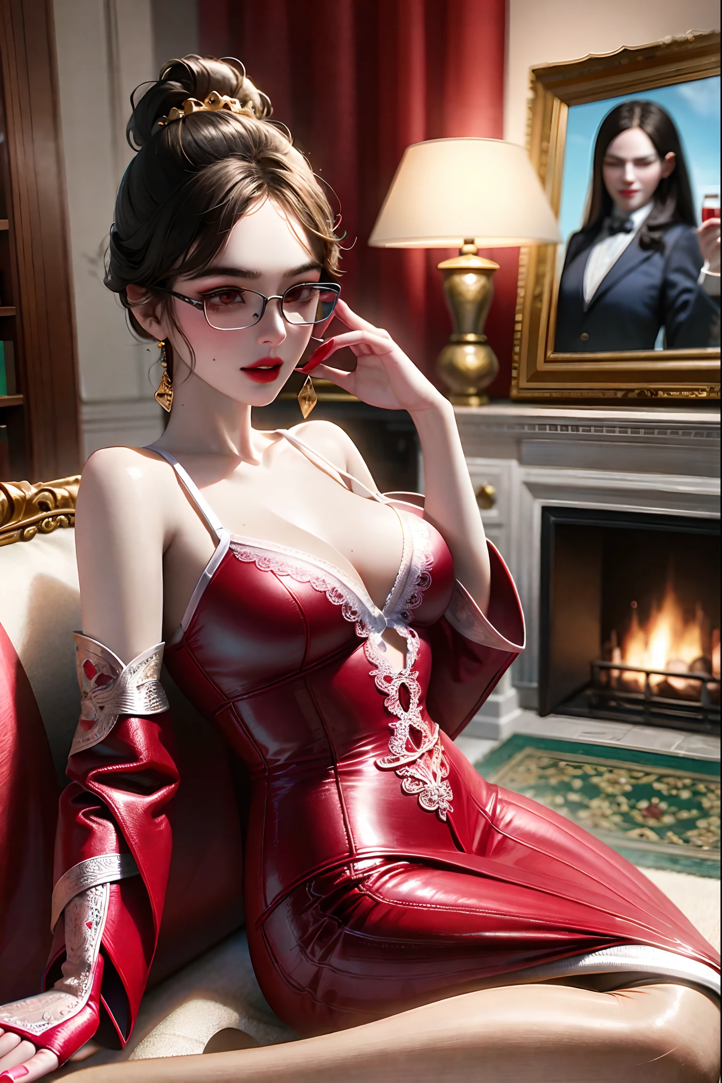 high-quality digital art, lace trim, clear forehead, short hair, side-parted hair, brown eyes, arrogant air, red lips, olive skin, red nails, picture-perfect face, flawless, clean, masterpiece, (((sharp))) ((focus)) (instagram) (8k) masterpiece, beautiful outfit, delicate tracing, pink accents, digital painting, inside, fireplace, highly detailed light, cinematic light, high-quality, a digital painting masterpiece, best quality, absurdly high resolution, lounging on the couch, wine glass, library, sleeping dog on the carpet, intricate carpet design, small dog, Yorkshire terrier toy, detailed background, big window, moon, shiny reflection, intricate details, glow, shiny hair, black hair, straight hair, glasses, lustrous skin, square glasses, sidelong glance, smooth, smirk, shapely figure, big breasts, mature female, one girl