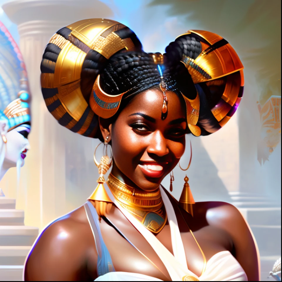 Highly (dynamic:1.2) scene art detailed (rutkowski:1.2), (nubian teen princess), (laughing), (dark skin), ((thicc)), (((large boobs))), (((cleavage))), (((long woven braids))), (fantastic, amazing egyptian palace decoration:1.2), egyptian beauty, explosive volumetric, Delightful ???????, (fantastic god perfect art, 64k ultra hd:1.1), (art by apterus, art by artgerm:1.2)