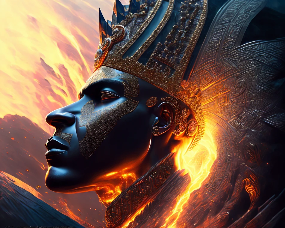 Highly (dynamic:1.2) scene art detailed (rutkowski:1.2) pharaoh ((crown of ramses)), handsome, (dark skin:1.5), ((bald head)) ((muscular)), (fantastic amazing decoration:1.2), abstract beauty, explosive volumetric, Delightful anatomy, (fantastic god perfect art, 64k ultra hd:1.1), (art by apterus, art by dan mumford:1.2)