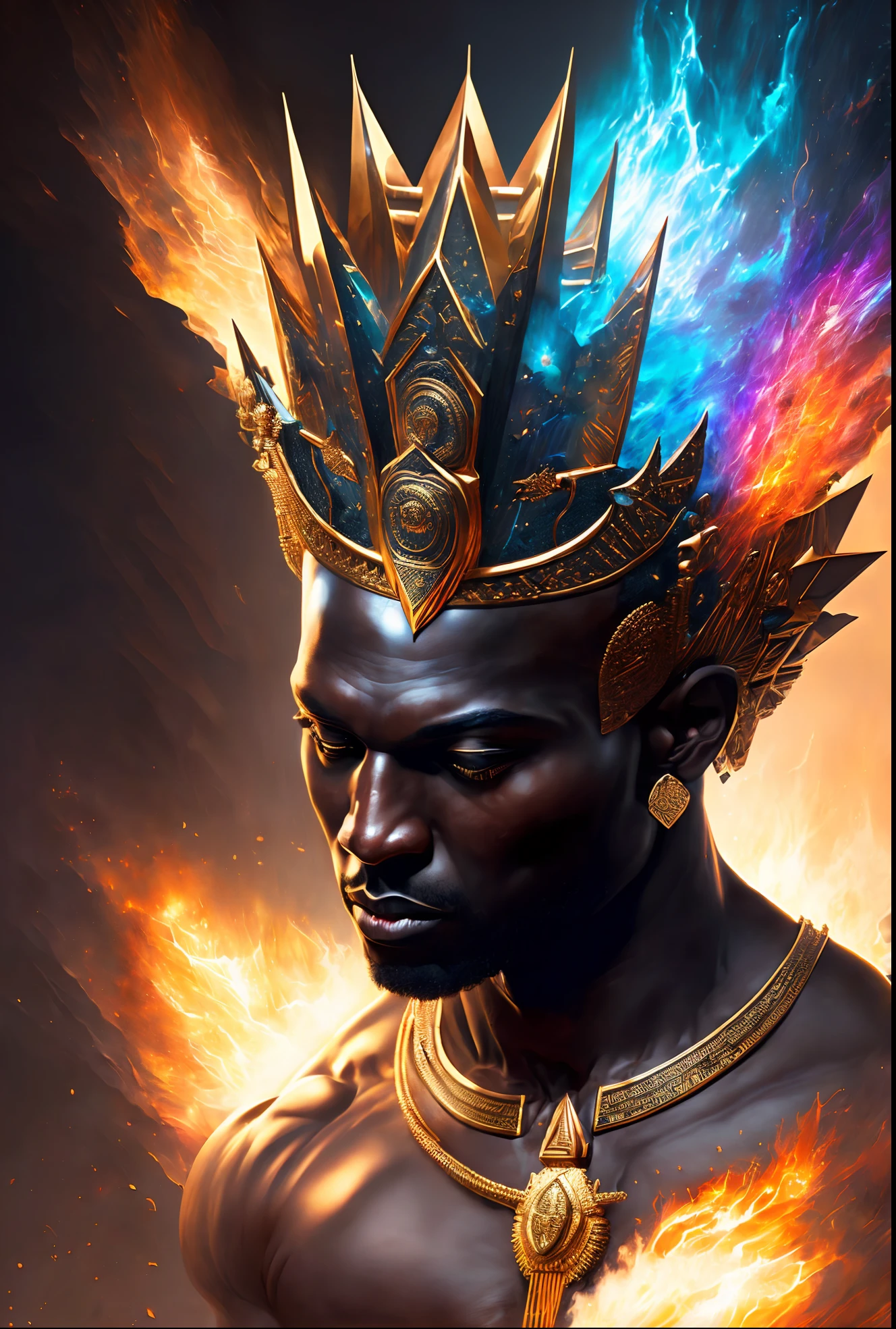 Highly (dynamic:1.2) scene art detailed (rutkowski:1.2) pharaoh ((crown of ramses)), handsome, (dark skin:1.5), ((bald head)) ((muscular)), (fantastic amazing decoration:1.2), abstract beauty, explosive volumetric, Delightful anatomy, (fantastic god perfect art, 64k ultra hd:1.1), (art by apterus, art by dan mumford:1.2)