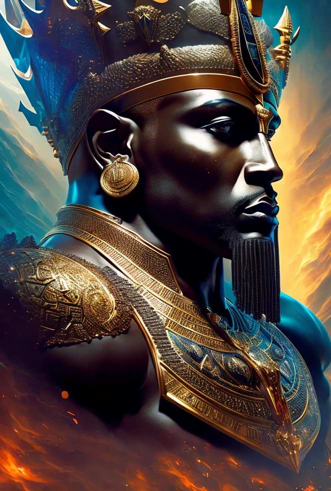Highly (dynamic:1.2) scene art detailed (rutkowski:1.2) pharaoh ((crown of ramses)), handsome, (dark skin:1.5), ((bald head)) ((muscular)), (fantastic amazing decoration:1.2), abstract beauty, explosive volumetric, Delightful anatomy, (fantastic god perfect art, 64k ultra hd:1.1), (art by apterus, art by dan mumford:1.2)