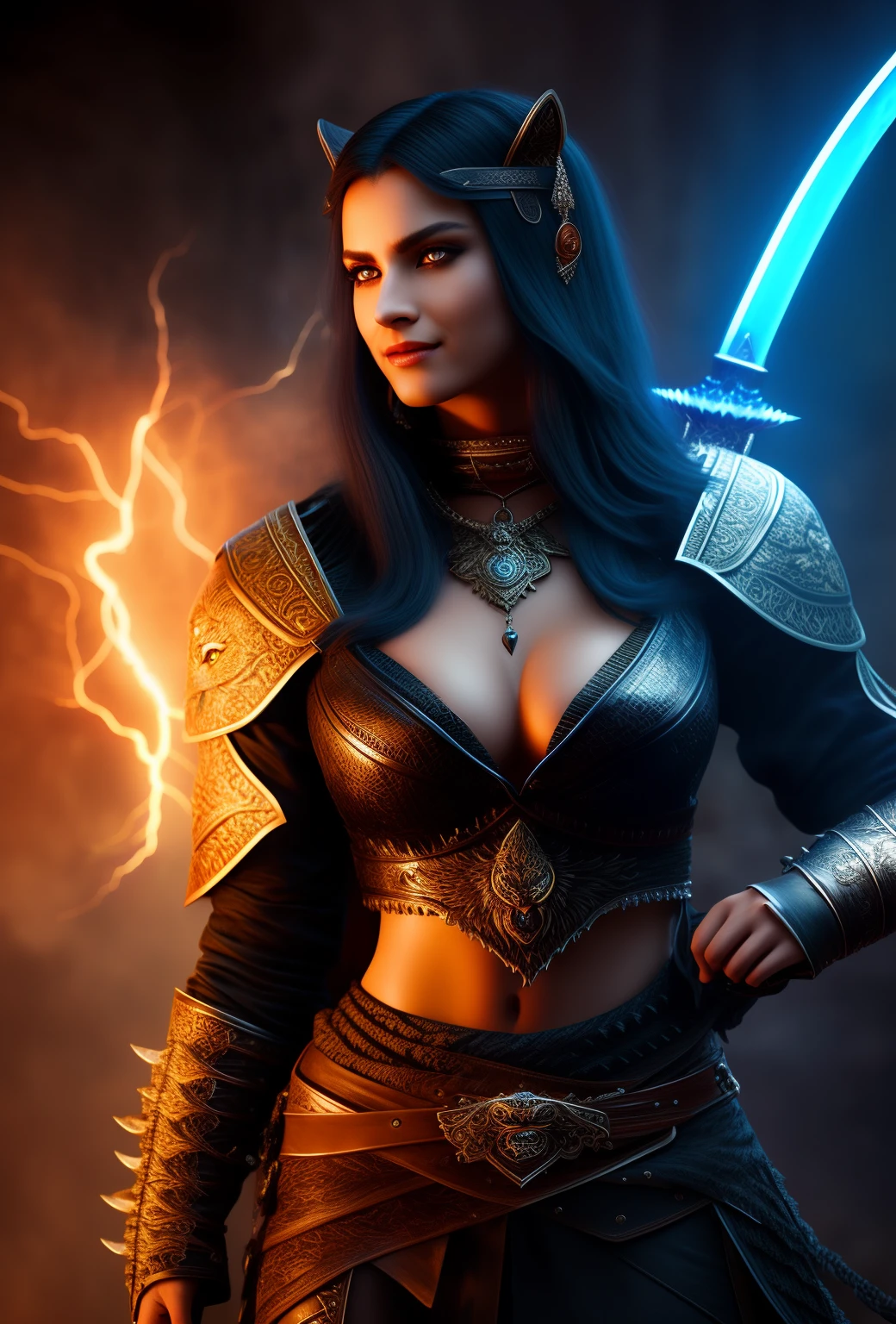 One person on the picture, beautiful warrior woman, devilish smile, standing near her tiger, blue glowing eyes, black hair, she has sword in the hand. She is dressed in the leather. Realistic, highly detailed, super high quality, masterpiece, dramatic lightning