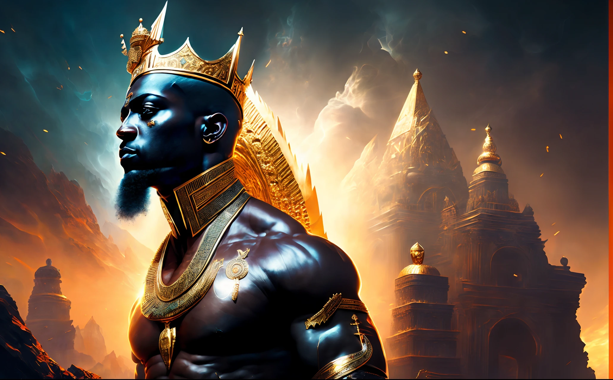 Highly (dynamic:1.2) scene art detailed (rutkowski:1.2) pharaoh ((crown of ramses)), handsome, (dark skin:1.5), ((bald head)) ((muscular)), (fantastic amazing decoration:1.2), abstract beauty, explosive volumetric, Delightful anatomy, (fantastic god perfect art, 64k ultra hd:1.1), (art by apterus, art by dan mumford:1.2)