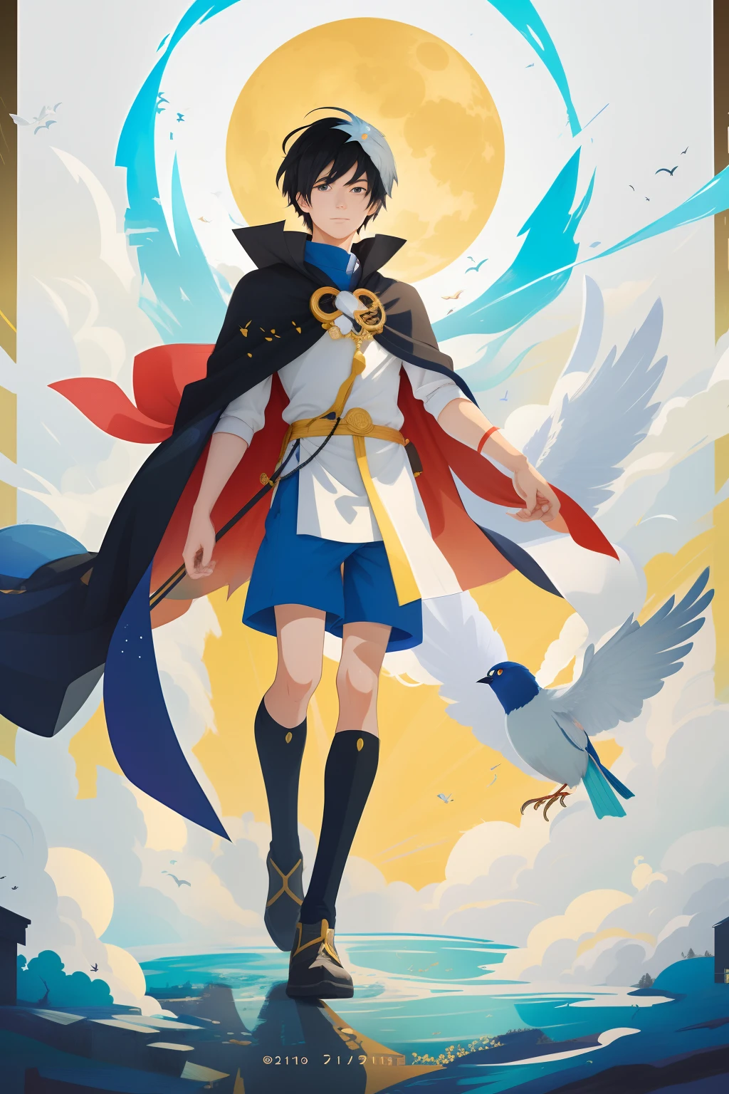 1. drawing of a boy with a cape and a bird on his head, Omori, hero 2 d fanart artsation, inspired by Un'ichi Hiratsuka, official fanart, lunar-themed costume, John Egbert, cel - shaded art style, full-body portrait from a short film! , inspired by Puru, in anime style, adoptable character.
2. drawing of a boy with a cape and a bird on his head, a character portrait inspired by Un'ichi Hiratsuka, tumblr, mingei, omori, hero 2D fanart artsation, official fanart, lunar-themed costume, John Egbert, cel - shaded art style, full body portrait of a shorts! , anime-style, adoptable character.