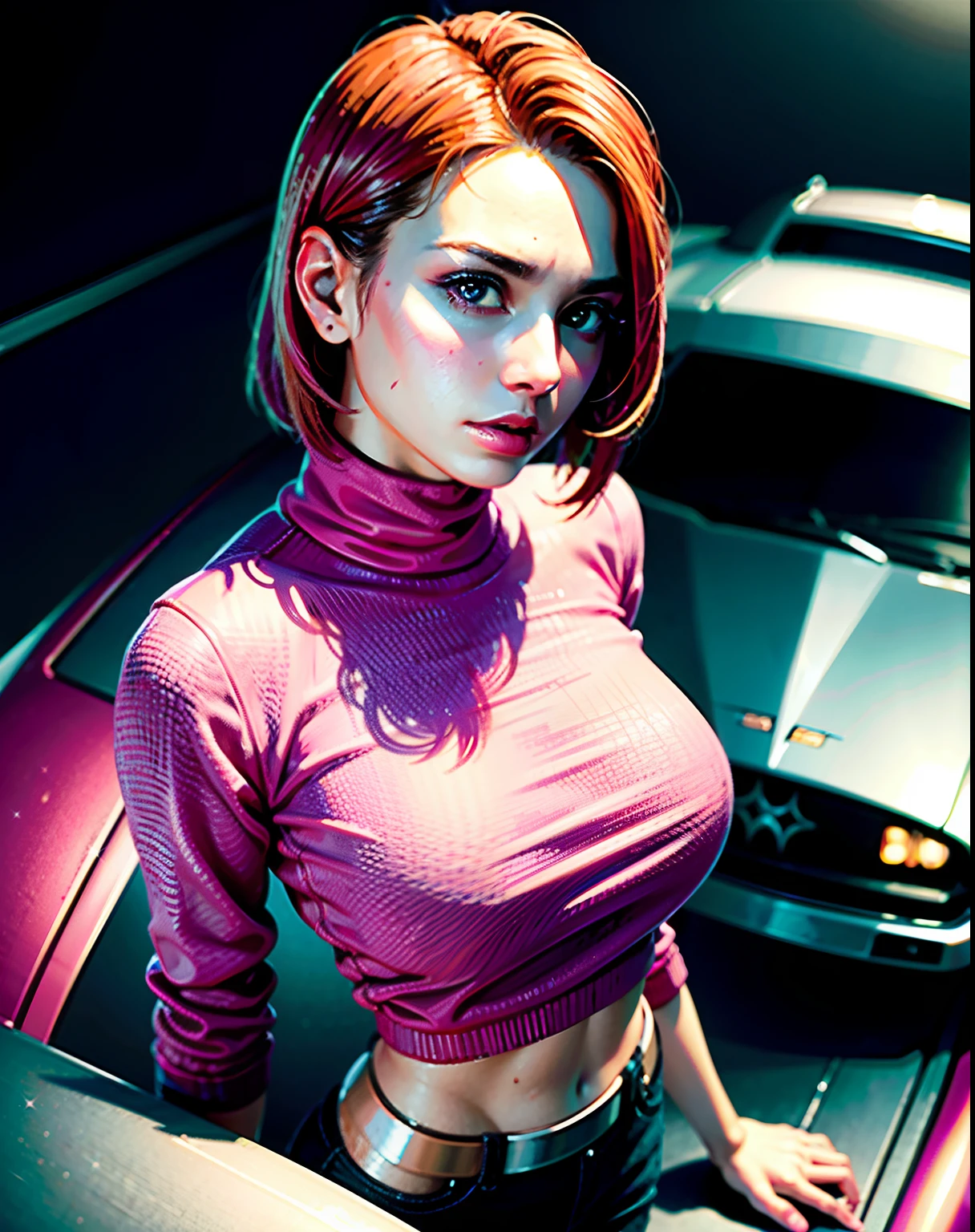 high angle photo of a gorgeous young woman in the style of cyberpunk, realistic skin texture, looks up,pink sweatshirt,posing on a car, 1 / 2 body crop, 8 5 mm art lens, f 1. 2, sharp focus, 8 k high definition, insanely detailed, intricate, elegant, art by stanley lau and cyberpunk
