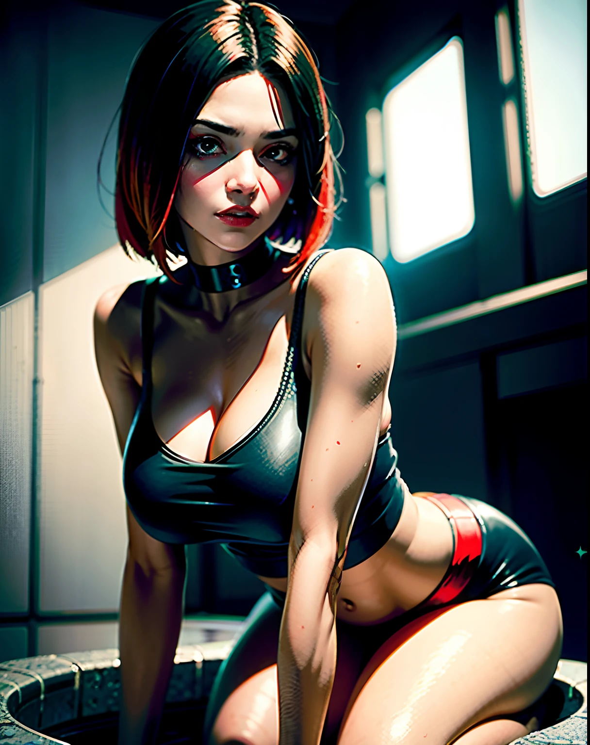 low angle photo of a gorgeous young woman in the style of cyberpunk, realistic skin texture, looks down,red tight top, (black hair with red mops), posing in bathtube, 1 / 2 body crop, 8 5 mm art lens, f 1. 2, sharp focus, 8 k high definition, insanely detailed, intricate, elegant, art by stanley lau and cyberpunk