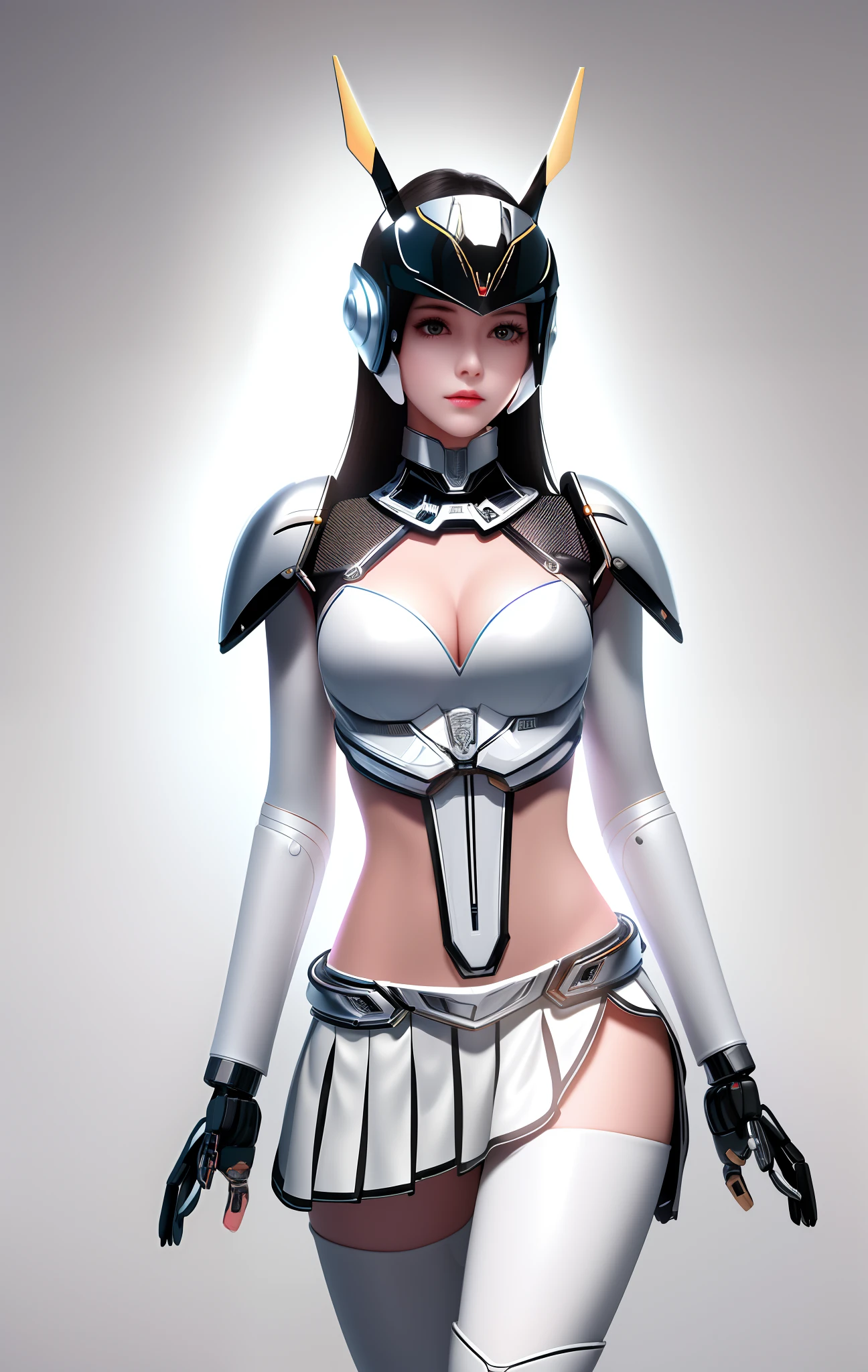 extremely cute human  girl face, human torso, human chest, human belly, human hips, human thighs, human hands, robotic arms, robotic legs, arms and legs have hard white shiny shells and black joints, extremely pretty and feminine, short, petite, little, small, full hips, medium bust, (((cleavage showing))), (((flat belly showing))), partial helmet over ears with antenna, black robotic joints, very stylish, award winning product design, black rubber bodysuit, shiny white metal breastplate open at cleavage and belly, shiny white metal faulds over hips like a skirt, armor has stylish, glowing trim, white shiny epaulettes, rounded epaulettes
