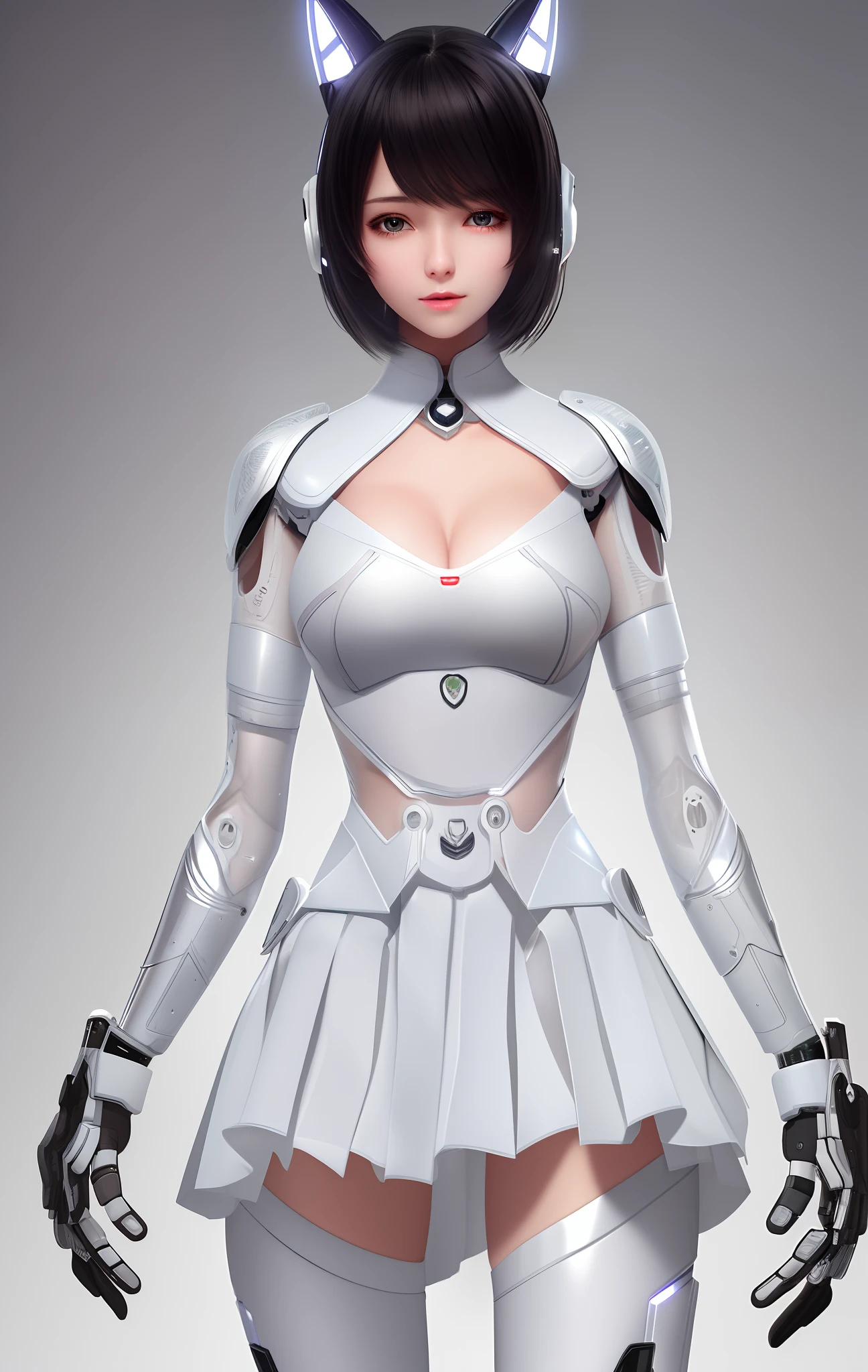 extremely cute human eighteen year old girl face, human torso, human chest, human belly, human hips, human thighs, human hands, robotic arms, robotic legs, arms and legs have hard white shiny shells and black joints, extremely pretty and feminine, short, petite, little, small, full hips, medium bust, (((cleavage showing))), (((flat belly showing))), partial helmet over ears with antenna, black robotic joints, very stylish, award winning product design, black rubber bodysuit, shiny white metal breastplate open at cleavage and belly, shiny white metal faulds over hips like a skirt, armor has stylish, glowing trim, white shiny epaulettes, rounded epaulettes
