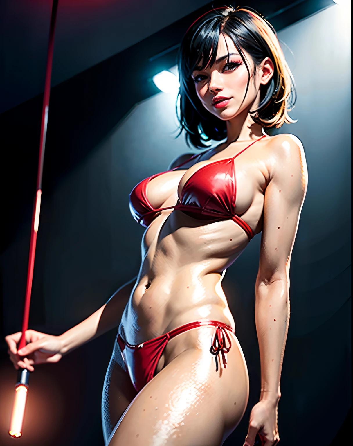low angle photo of a gorgeous young woman, realistic skin texture, looks down, big smile, sexy (red little bikini), (black hair with red mops), small boops, small tits, posing in the club, smoky background litten by blue and red led, 1 / 2 body crop, 18 5 mm art lens, f 1. 3, sharp focus, 8 k high definition, insanely detailed, intricate, elegant, photorealistic, real life