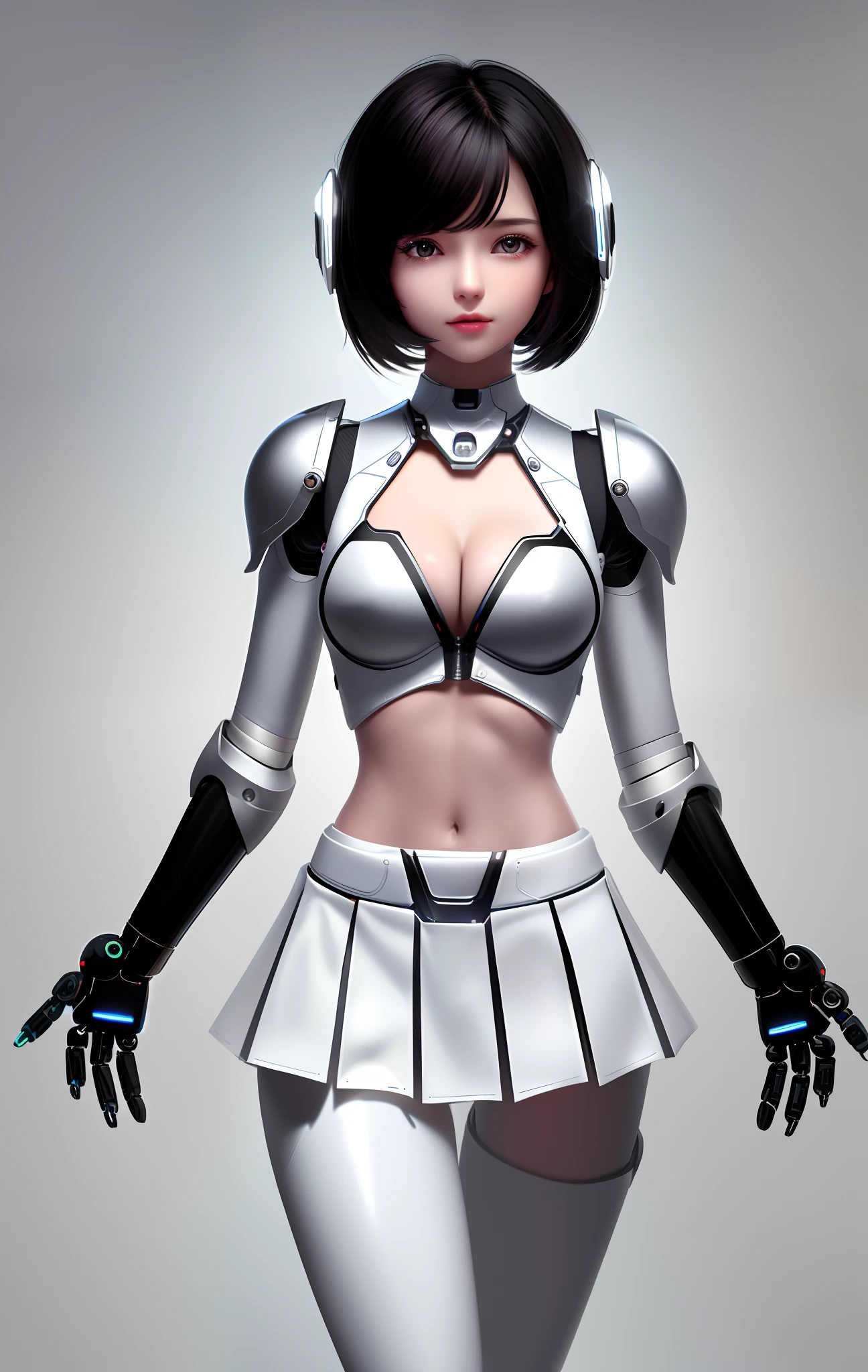 extremely cute human eighteen year old girl face, human torso, human chest, human belly, human hips, human thighs, human hands, robotic arms, robotic legs, arms and legs have hard white shiny shells and black joints, extremely pretty and feminine, short, petite, little, small, full hips, medium bust, (((cleavage showing))), (((flat belly showing))), partial helmet over ears with antenna, black robotic joints, very stylish, award winning product design, black rubber bodysuit, shiny white metal breastplate open at cleavage and belly, shiny white metal faulds over hips like a skirt, armor has stylish, glowing trim, white shiny pauldrons, rounded pauldrons, maid outfit aesthetic, functional and practical esthetic