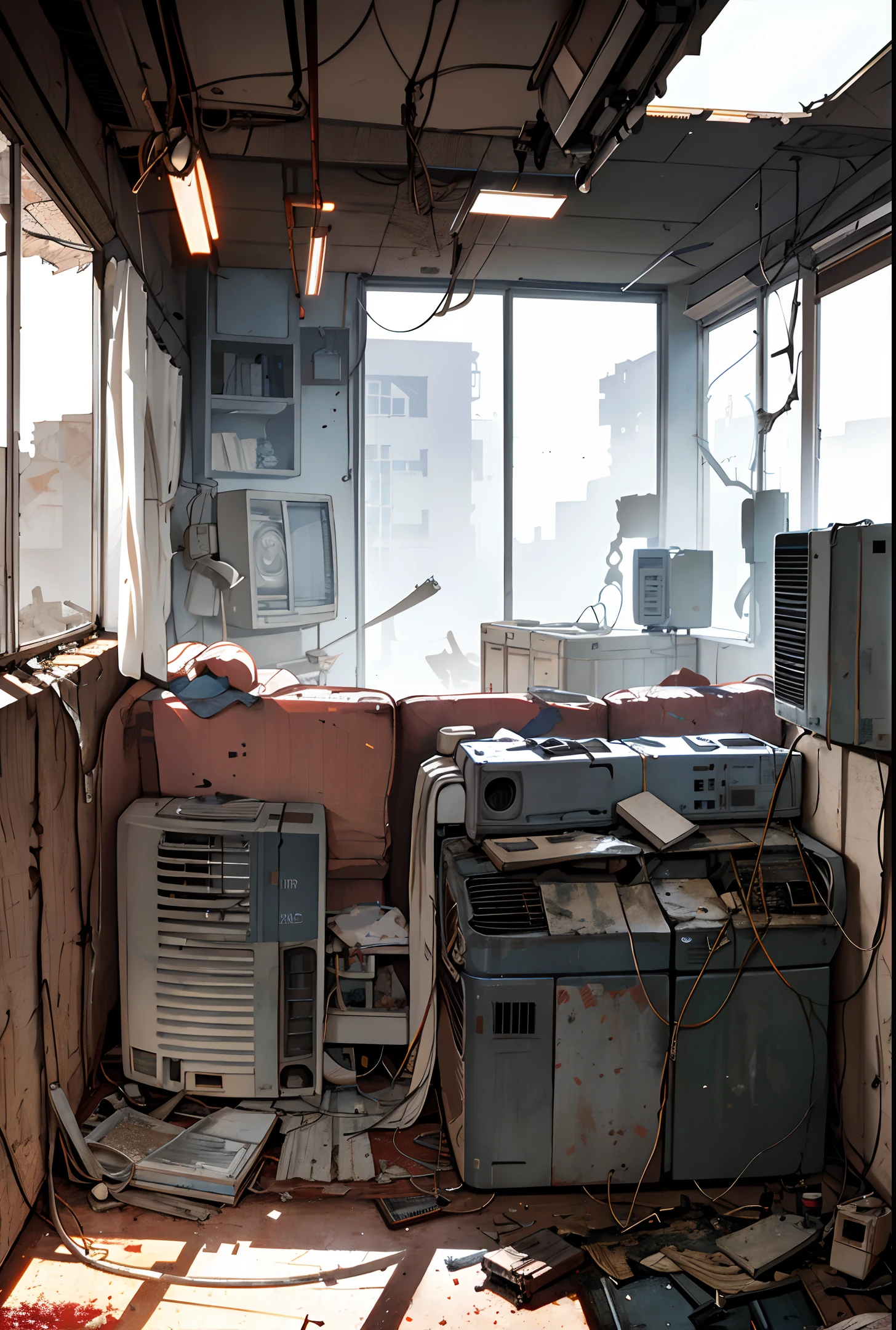 Dusty Apartment, (Foggy lighting), (hazy lighting), (run-down), (soviet style housing), (wartorn), ceiling fan, refrigerator, old computer, couch. Tatsuya Endo, Greg Rutkowski, Pixiv, Artstation