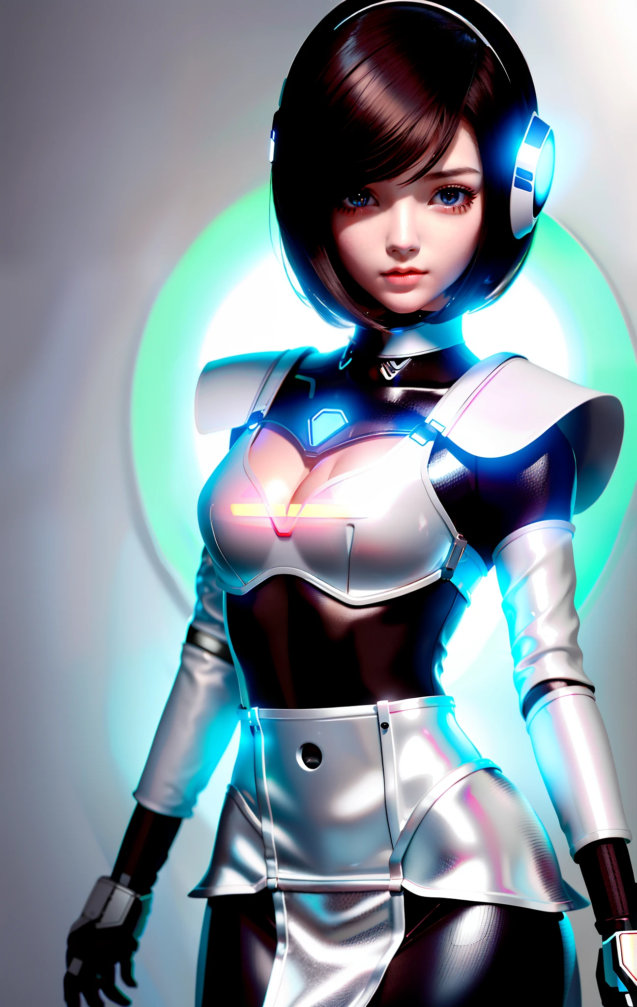 extremely cute human eighteen year old girl face, human torso, human chest, human belly, human hips, human thighs, human hands, robotic arms, robotic legs, arms and legs have hard white shiny shells and black joints, extremely pretty and feminine, short, petite, little, small, full hips, medium bust, (((cleavage showing))), (((flat belly showing))), partial helmet over ears with antenna, black robotic joints, very stylish, award winning product design, black rubber bodysuit, shiny white metal breastplate open at cleavage and belly, shiny white metal faulds over hips like a pleated skirt, armor has stylish, glowing trim, white shiny pauldrons, rounded pauldrons, white shiny gorget, (((maid outfit aesthetic))), functional and practical esthetic, dark brown hair 
 
