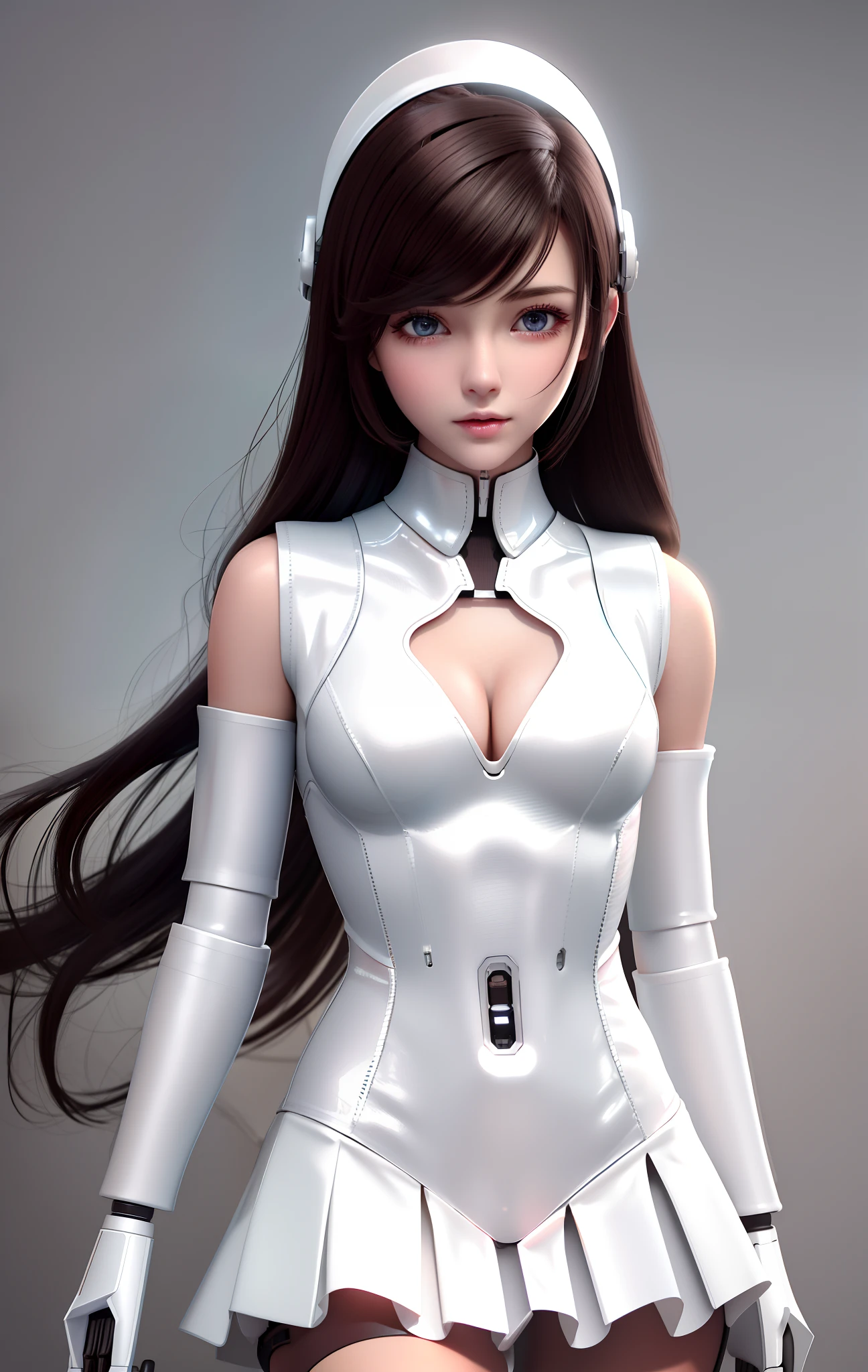 extremely cute human eighteen year old girl face, human torso, human , human belly, human , human thighs, human hands, robotic arms, robotic legs, arms and legs have hard white shiny shells and black joints, extremely pretty and feminine, short, petite, little, small, full , , (((cleavage showing))), (((flat belly showing))), partial helmet over ears with antenna, black robotic joints, very stylish, award winning product design, black rubber , shiny white metal breastplate open at cleavage and belly, shiny white metal faulds over  like a pleated skirt, armor has stylish, glowing trim, white shiny pauldrons, rounded pauldrons, white shiny gorget, (((maid outfit aesthetic))), functional and practical esthetic, dark brown hair 
 
