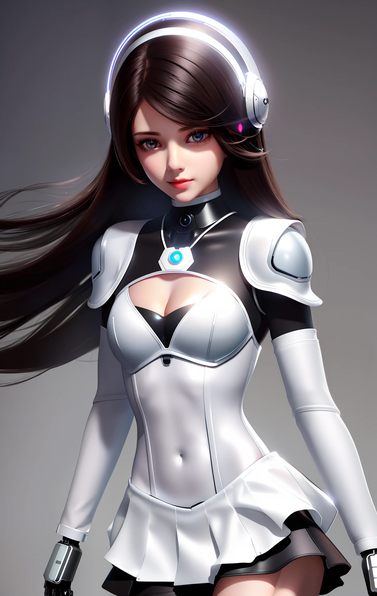 extremely cute human eighteen year old girl face, human torso, human chest, human belly, human hips, human thighs, human hands, robotic arms, robotic legs, arms and legs have hard white shiny shells and black joints, extremely pretty and feminine, short, petite, little, small, full hips, medium bust, (((cleavage showing))), (((flat belly showing))), partial helmet over ears with antenna, black robotic joints, very stylish, award winning product design, black rubber bodysuit, shiny white metal breastplate open at cleavage and belly, shiny white metal faulds over hips like a pleated skirt, armor has stylish, glowing trim, white shiny pauldrons, rounded pauldrons, white shiny gorget, (((maid outfit aesthetic))), functional and practical esthetic, dark brown hair