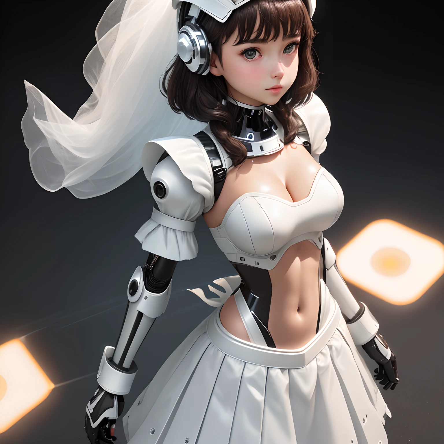 extremely cute human girl face, human torso, human chest, human belly, human hips, human thighs, human hands, robotic arms, robotic legs, arms and legs have hard white shiny shells and black joints, extremely pretty and feminine, short, petite, little, small, full hips, medium bust, (((cleavage showing))), (((flat belly showing))), partial helmet over ears with antenna, black robotic joints, very stylish, award winning product design, black rubber bodysuit, shiny white metal breastplate open at cleavage and belly, shiny white metal faulds over hips like a pleated skirt, armor has stylish, glowing trim, white shiny pauldrons, rounded pauldrons, white shiny gorget, (((maid outfit aesthetic))), functional and practical esthetic, dark brown hair