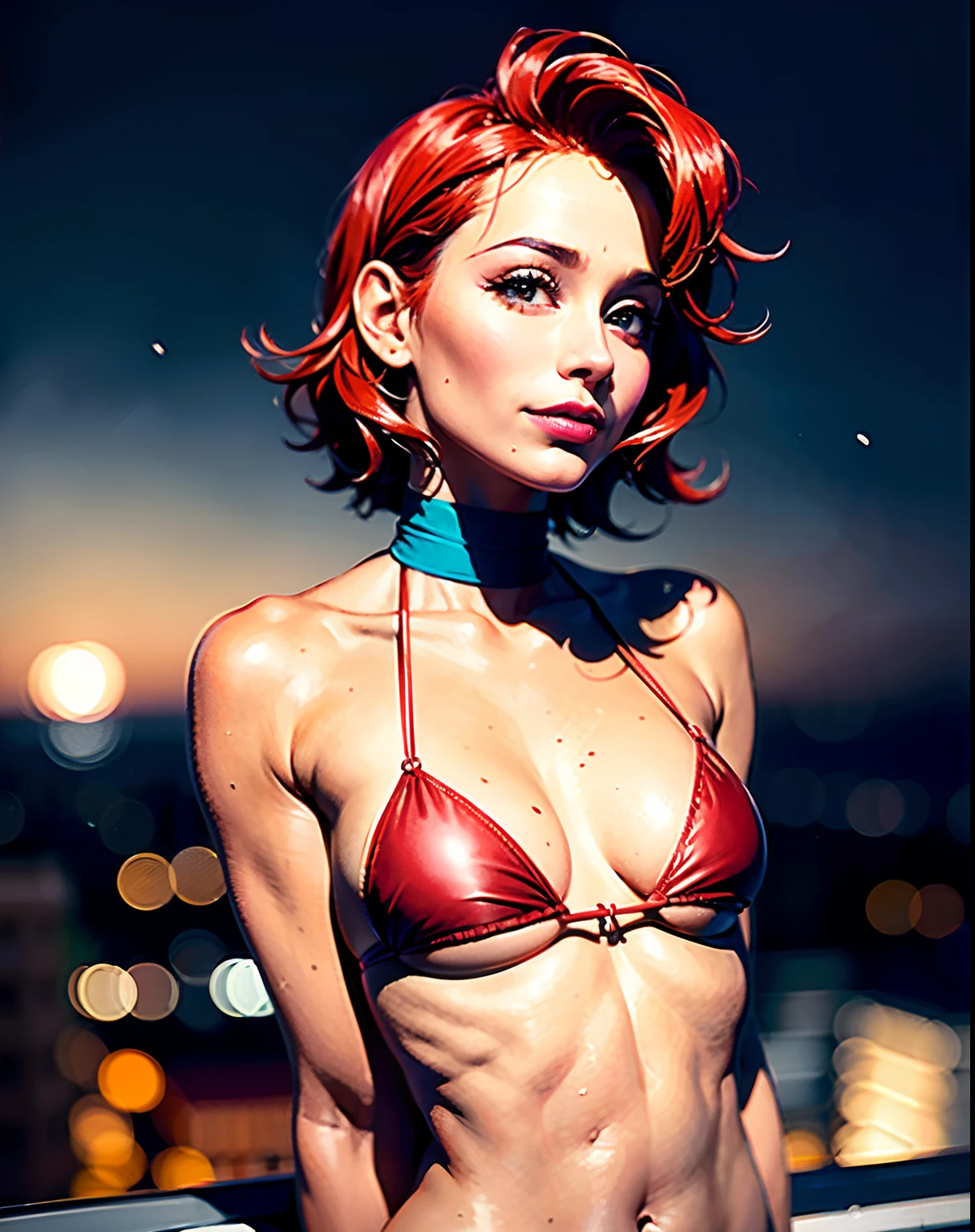 high angle photo of a gorgeous 31 year old woman, milf, healthy skinny,short, small, realistic skin texture, looks up, big smile, big lips, little noose, sexy (red little bikini), (red hair with blue mops), blue hair mops, little boops, small boops,flexy boops, small tits,skinny, posing on the roof, stars shining on night sky, smoky background, 1 / 3 body crop, 21 5 mm art lens, f 1. 1, sharp focus, 8 k high definition, insanely detailed, intricate, elegant, photorealistic, real life, big shoulder, little neck, long lash, full lips, big lower lip, pink lips