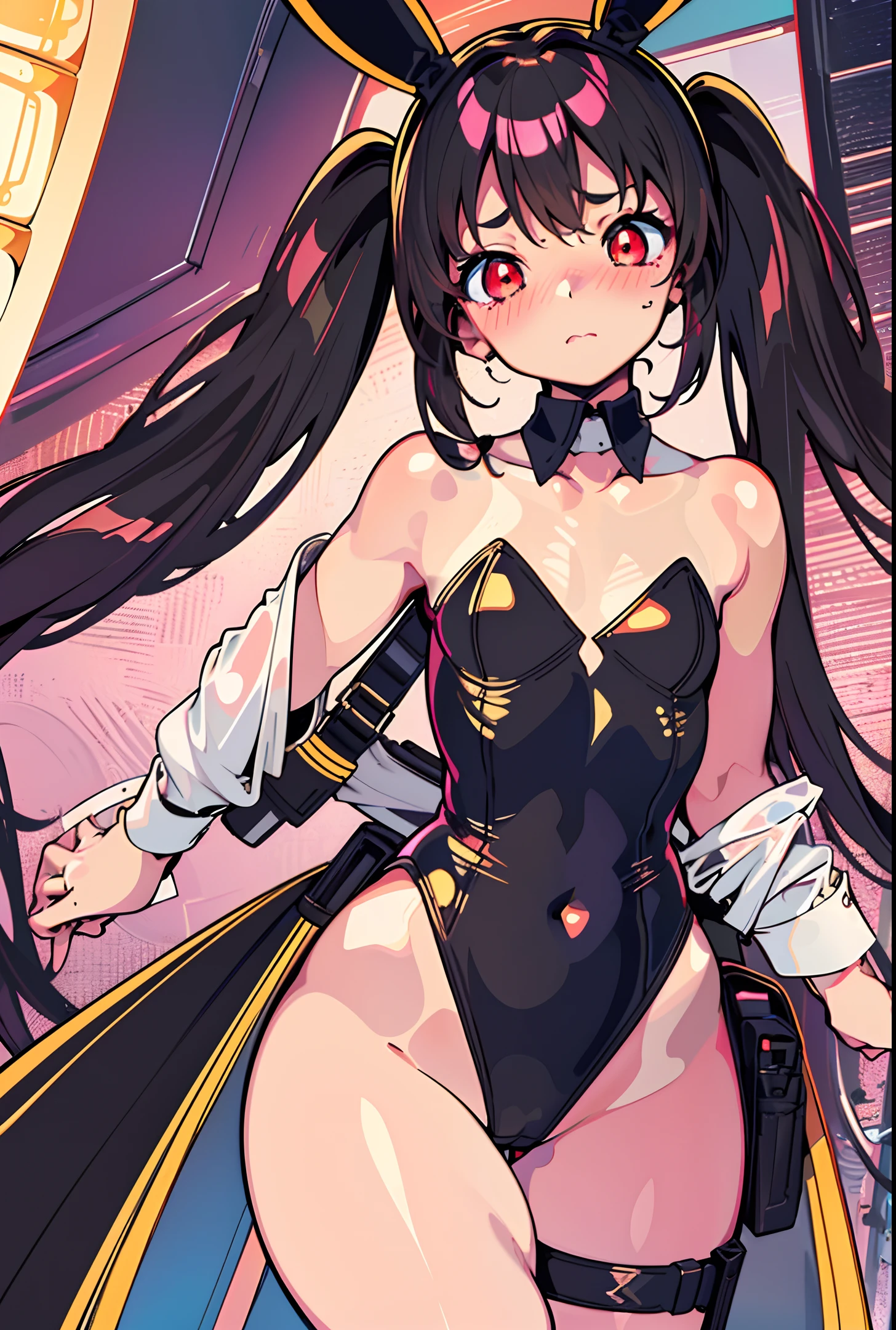 Mediterranean Girl, (clear eyes), (detailed iris), (dark hair), (twin tails), changing room background, blushing, avoiding eye contact, embarrassed, (vibrant eyes), (red eyes), (tonned skin), (light tan), (olive skin), (delicate features), (bunny-girl costume), (small chest), (large hips), (black leotard), (military holster), (thick thighs), (thin waist).