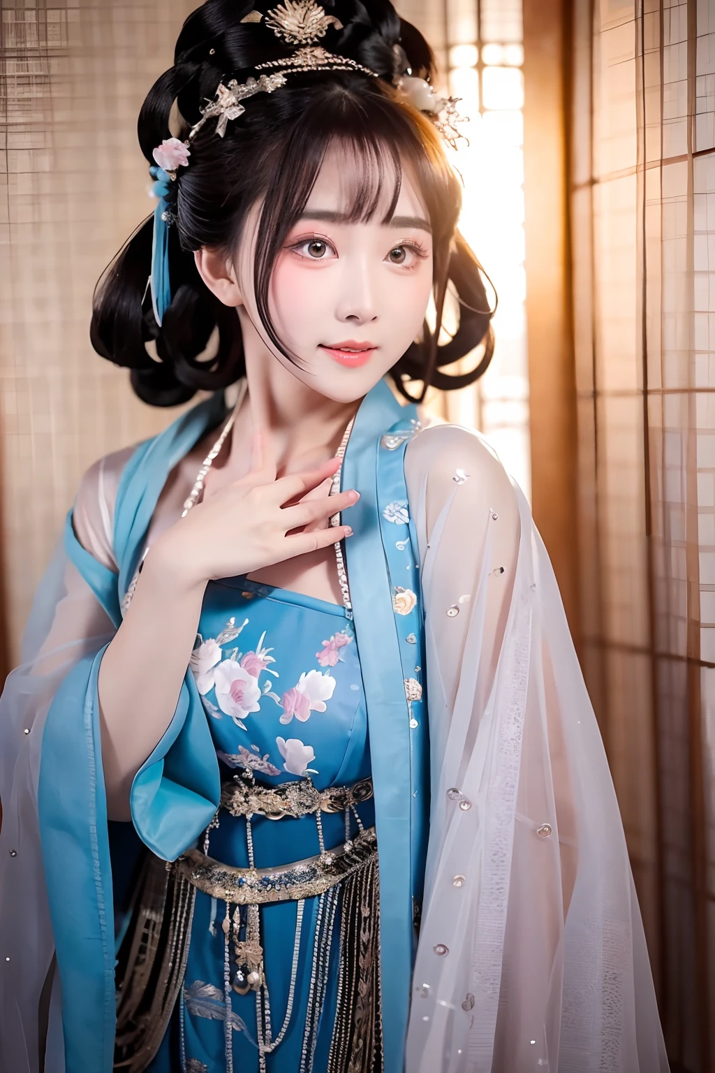 ulzzang-6500-v1.1, (raw photo: 1.2), (photorealistic: 1.4)) best quality, beautiful, beautiful, beautiful, extremely detailed, CG, unity,8k amazing wallpaper, beautiful detail, masterpiece, best quality, official art, very detailed CG unity 8k wallpaper, ridiculous, unbelievably ridiculous, huge file size, super detailed, high resolution, very detailed, beautiful detailed girl, very detailed eyes and face, beautiful detailed eyes, movie lighting, 1 girl, perspective, looking at the audience, full body, full body photo, outdoors, hands behind your back, (Hanfu)